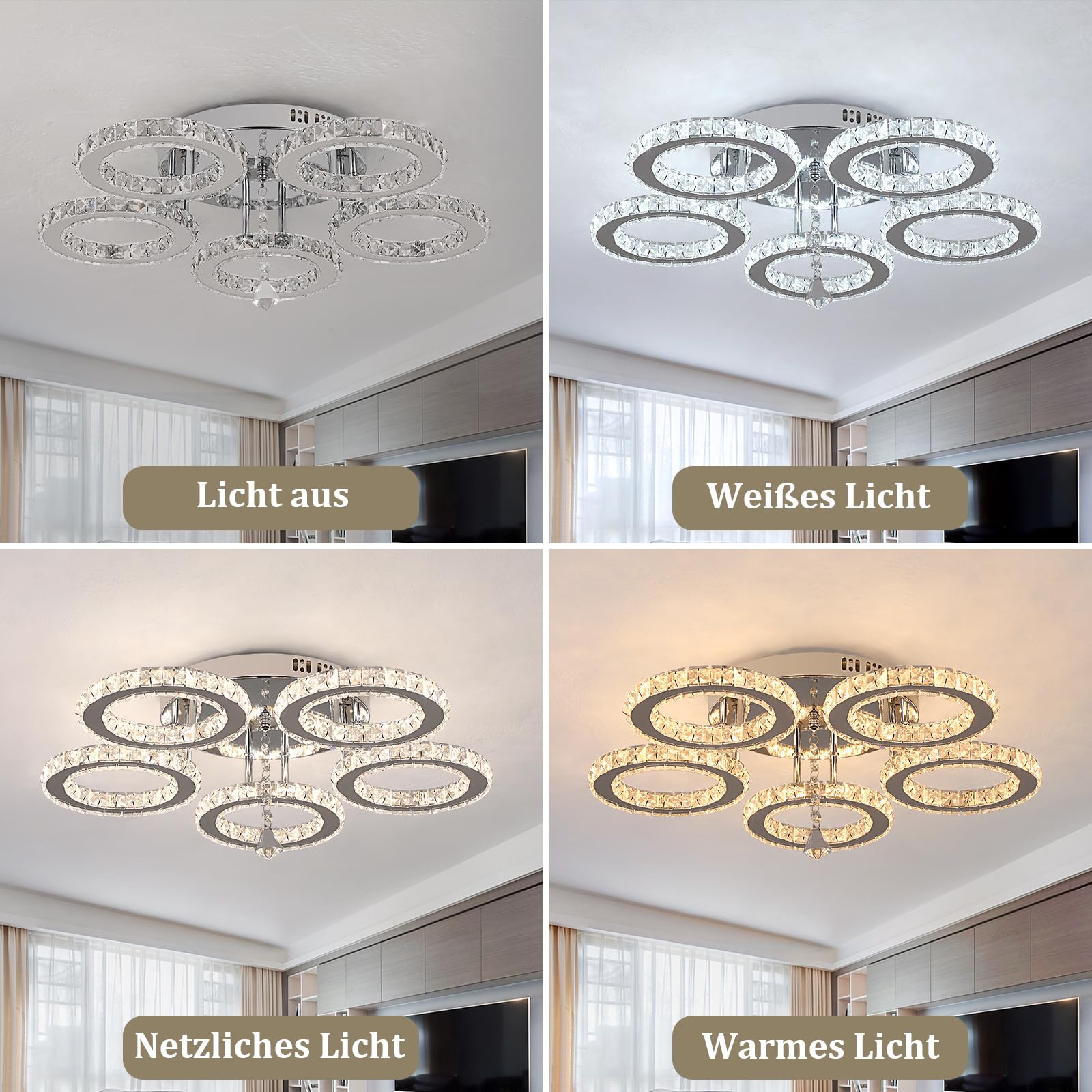 VETRULUS Moderne Kristall-LED-Deckenleuchte – Dimmbare halbflächenbündige Kristall-Lüster für Wohnzimmer – 5-Ring-Deckenleuchte für Schlafzimmer, Küche, LED-Kronleuchter