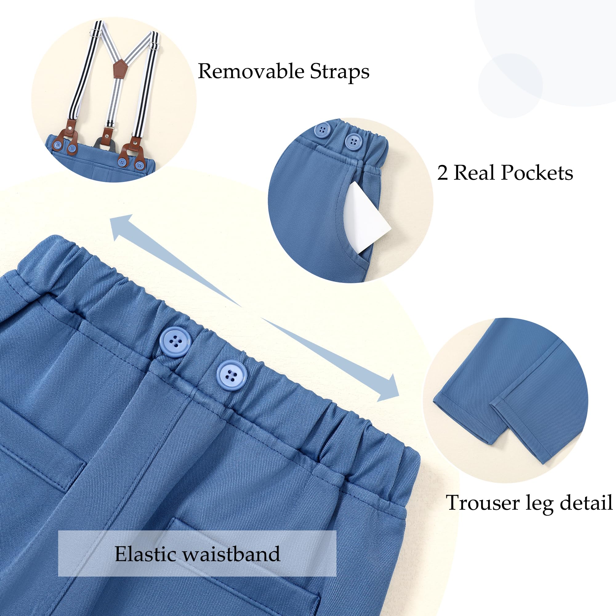 WESIDOM Conjunto de ropa formal para niños pequeños, camisa de vestir + pajarita + chaleco + ojal + pantalones de tirantes para niños