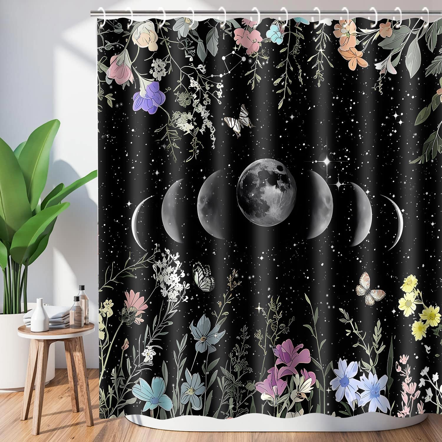Moon Shower Curtain Vintage Boho Dark Floral Flower Plant Celestial Witchy Gothic Bathroom Curtain Decor 72x78Inch Polyester Black Nature Moonlit Garden Shower Curtain Set with 12 Hooks