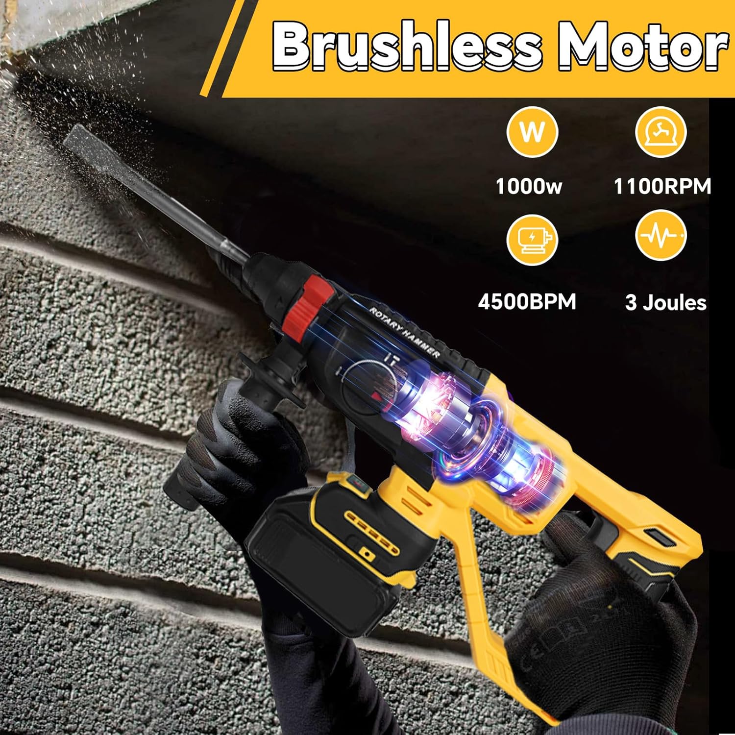 Cordless Rotary Hammer Drill for Dewalt 20V Battery, Brushless SDS-Plus 3 Joules Hammer Drill with 4 Modes, 360°Auxiliary Handle and 5 Drill Bits for Concrete/Masonry(Tool Only)