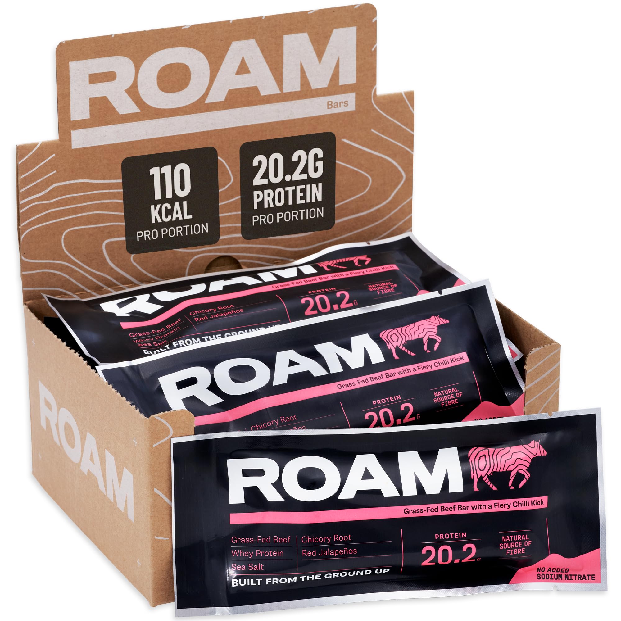 ROAM Low Carb Proteinriegel aus Rindfleisch – High Protein Energieriegel, Keto Snack & Mahlzeitenersatz – 12 x 45g – Glutenfrei, Gesunder Fitness Snack (Jalapeño Chili)