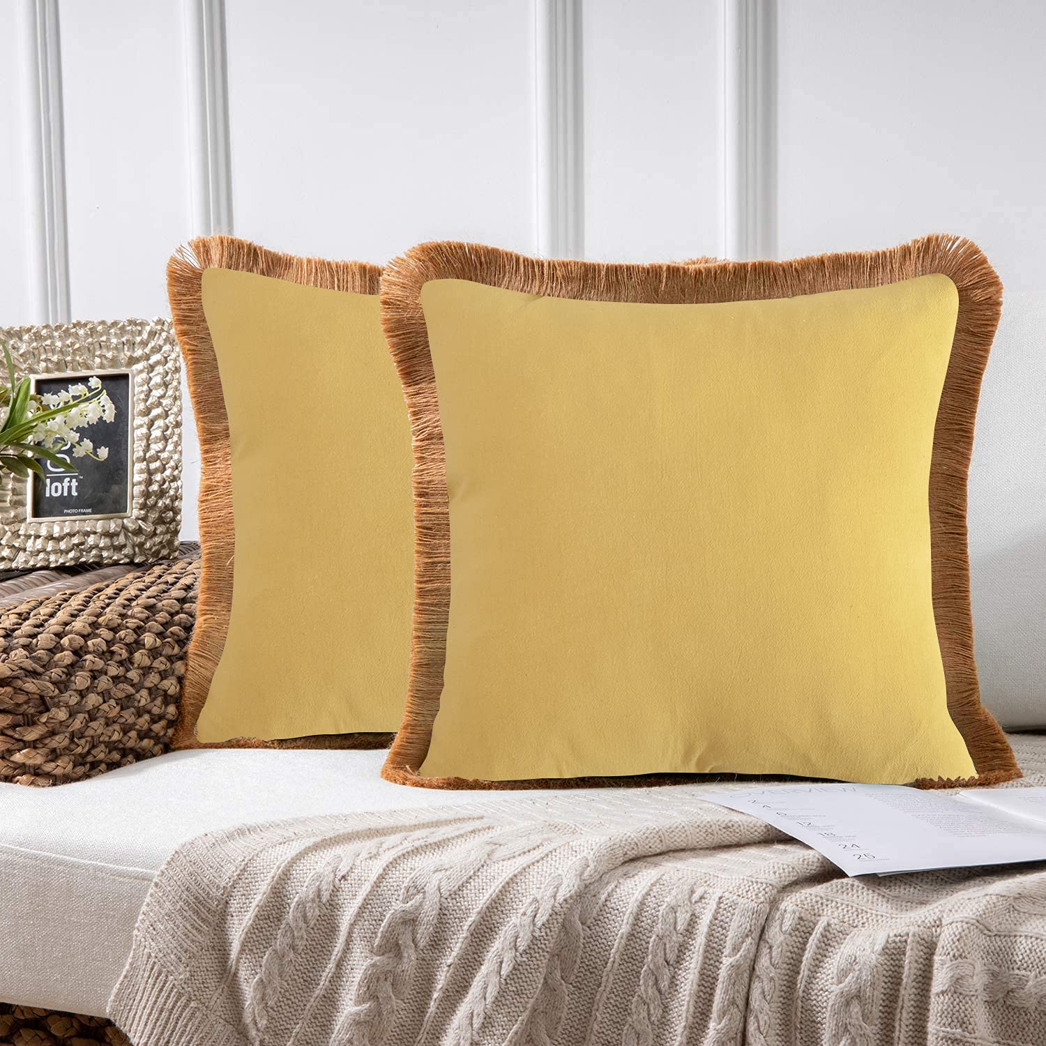MerrycolorThrow Pillow Covers 18x18 Set of 2,Farmhouse Pillow Cover with Tassels Square Decorative Pillow Cover for Couch Sofa Bed,Yellow