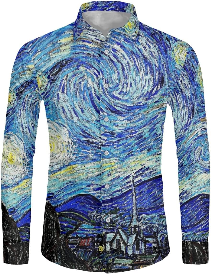 GLUDEAR Mens Casual Paint Art 3D Print Long Sleeve Shirts Buttons Down Regular Fit Beach Shirts