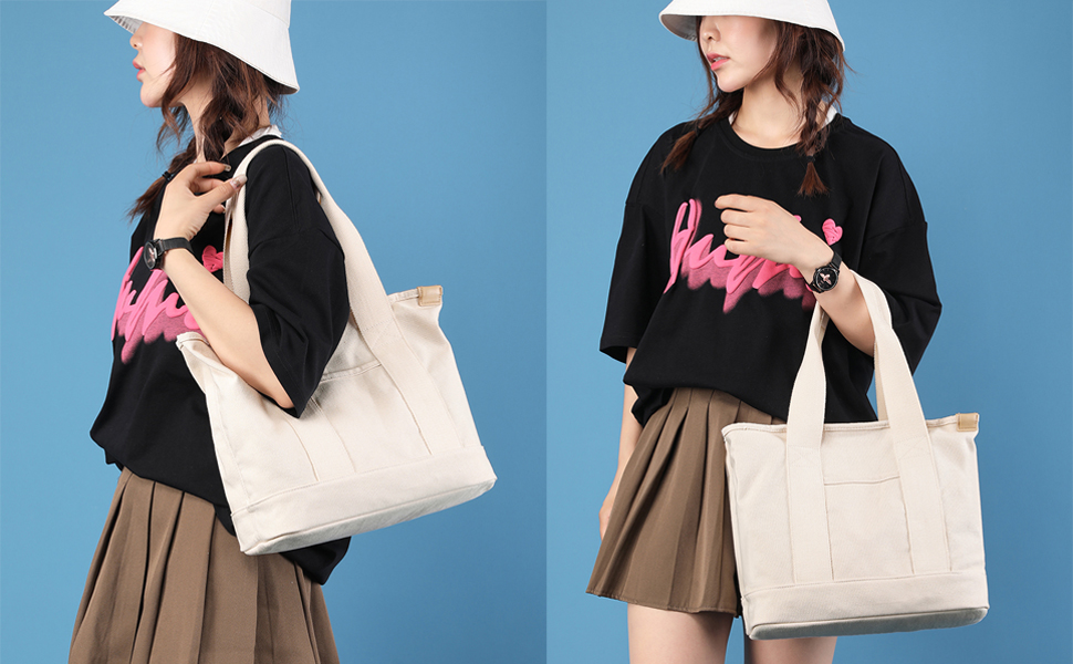 Bolso tote de lona para mujer beige tamaño mediano miniatura 7