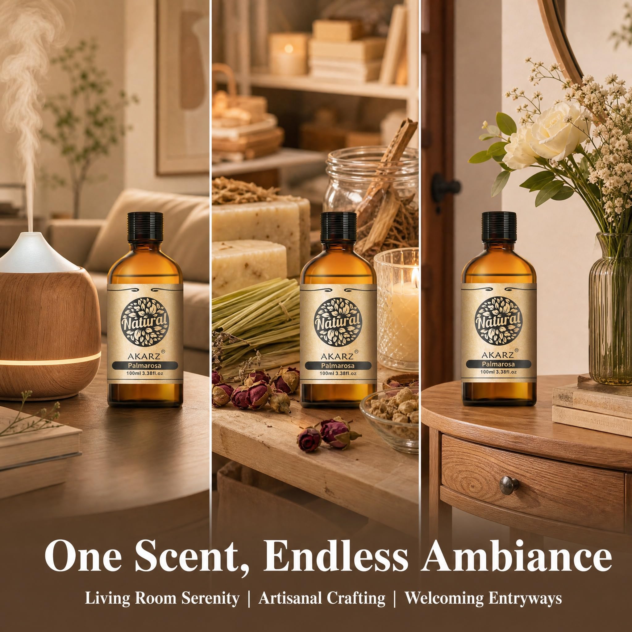 AKARZ 100ml Olejek esencjny z Palmaroza - Naturalny olejek aromatyczny do dyfuzorów, lamp aromatycznych i aromatów pomieszczeń
