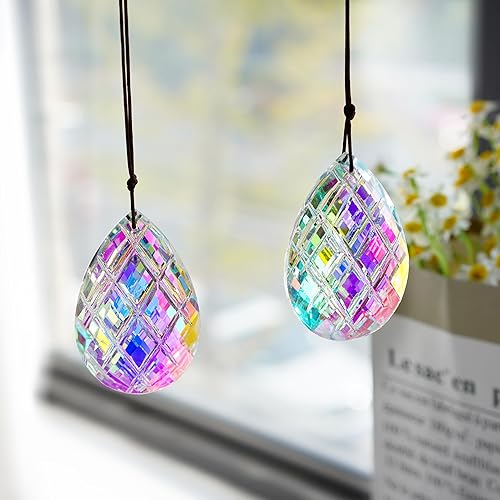 Miniatura 5 de Juego de 2 colgantes de prisma atrapasoles de cristal para decoración de ventana, 3 pulgadas, AB de cristal, diseño de arco iris, adorno colgante