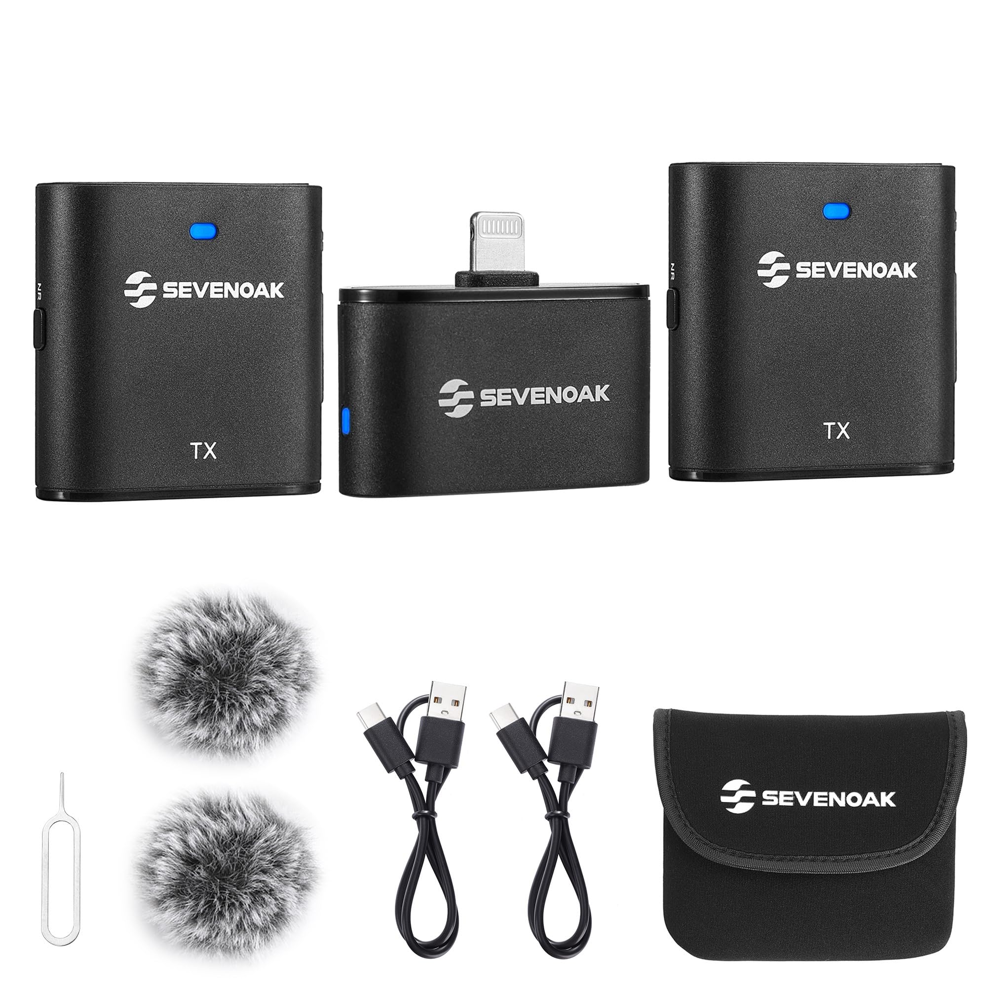 SevenOak Microfono lavalier senza fili, cancellazione del rumore/mute Lapel Wireless Mic Stereo/Mono per iPhone iPad Intervista Vlog Live Stream SKM-S2 D (2 Trasmettitore +1Ricevitore)
