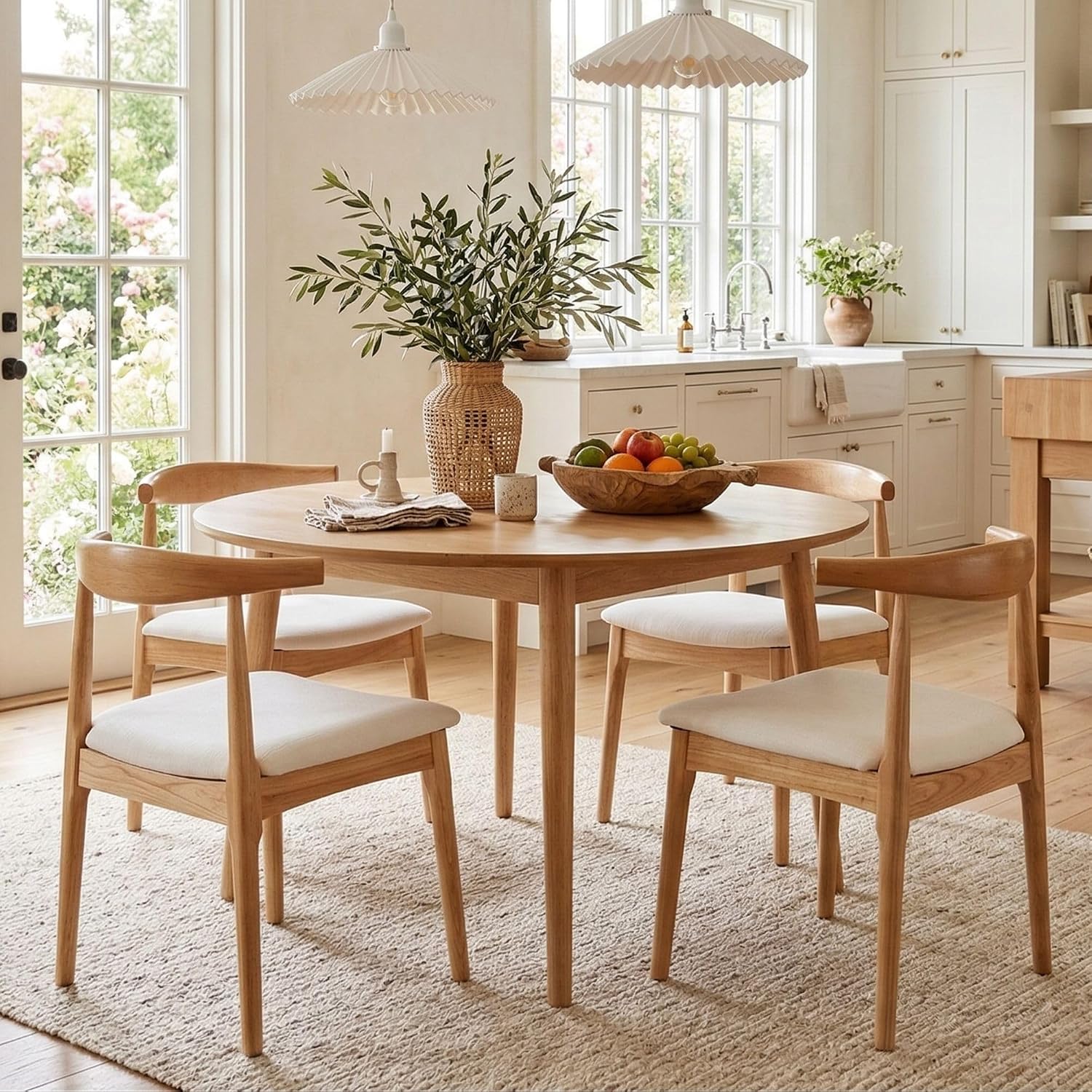 Wood Dining Chairs Set of 2, Linen Fabric Dining Chairs with Open Curved Back, Mid Century Modern Dining Room Chairs Farmhouse Kitchen Chairs for Dining Room Restaurant -Natural Wood Finish, Beige