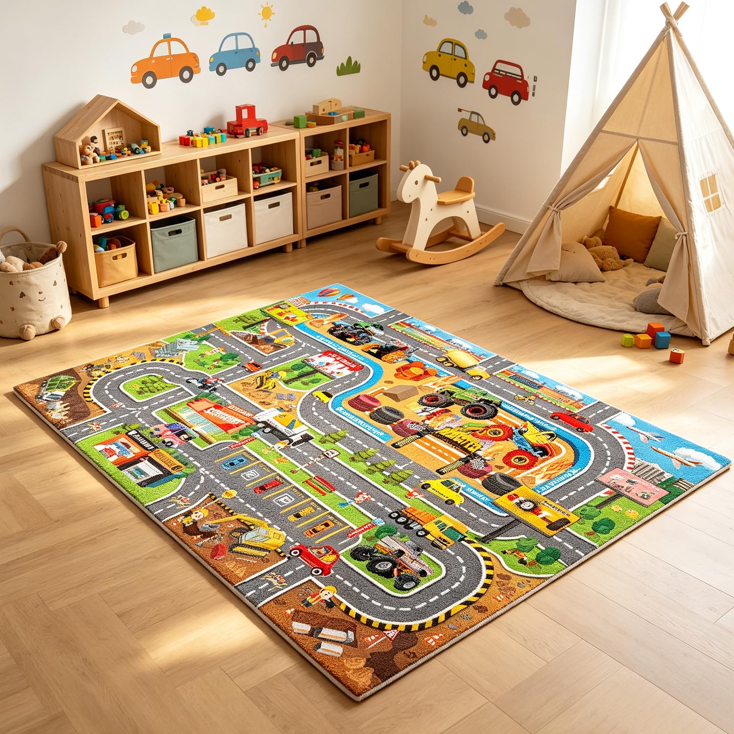 Spiritzohic Car Play Mat Carpet, Carpet Playmat Rug City Road Play Rug Carpets Playmat Car Road Rugs for Nursery Room Bedroom Classroom Playroom Decor(60x90cm)