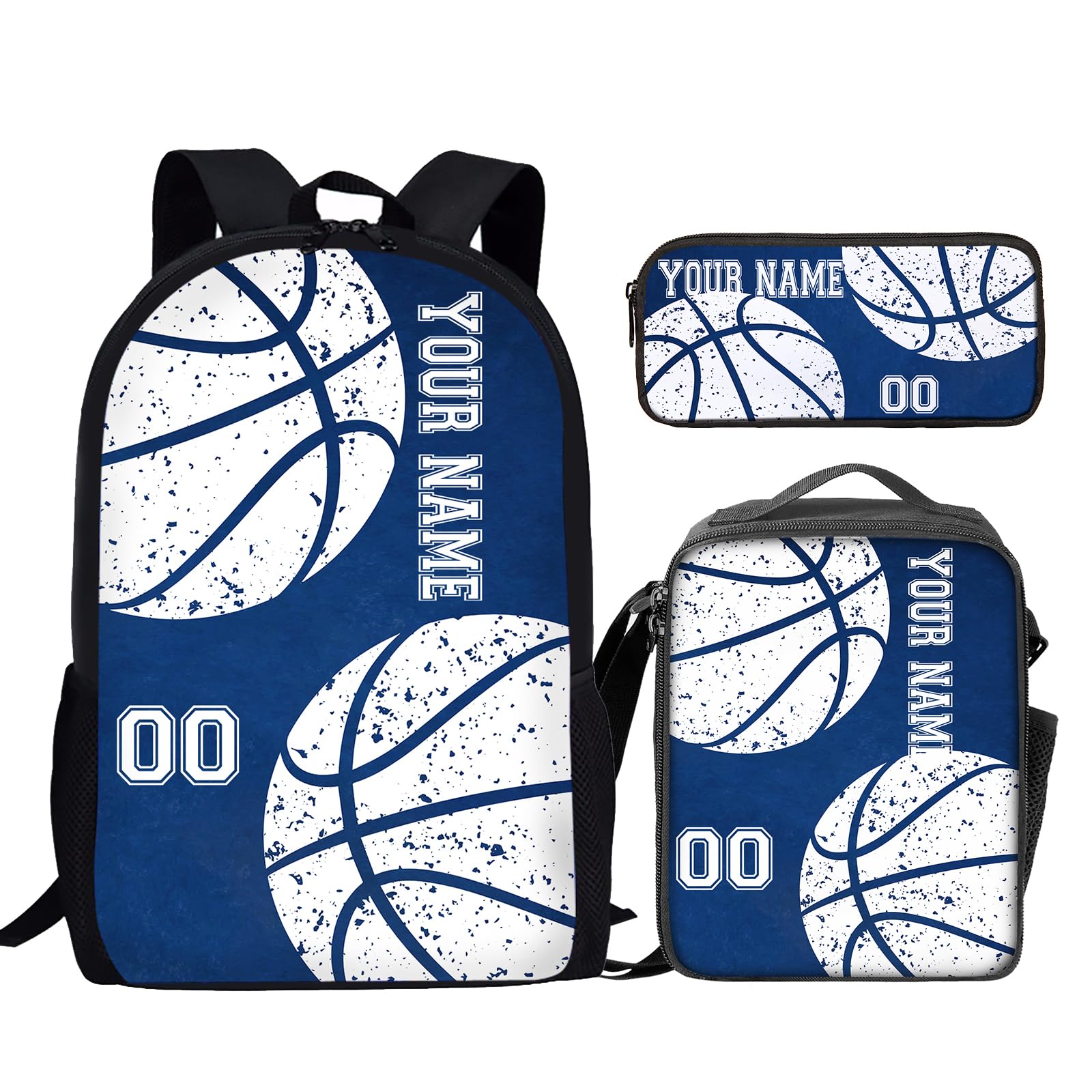 Howilath Custom Basketball Pattern Blue Lightweight 17 Inch School Shoulder Bag Set Adorable Funny Backpack for Teen Girls Boys with Thermal Insulated