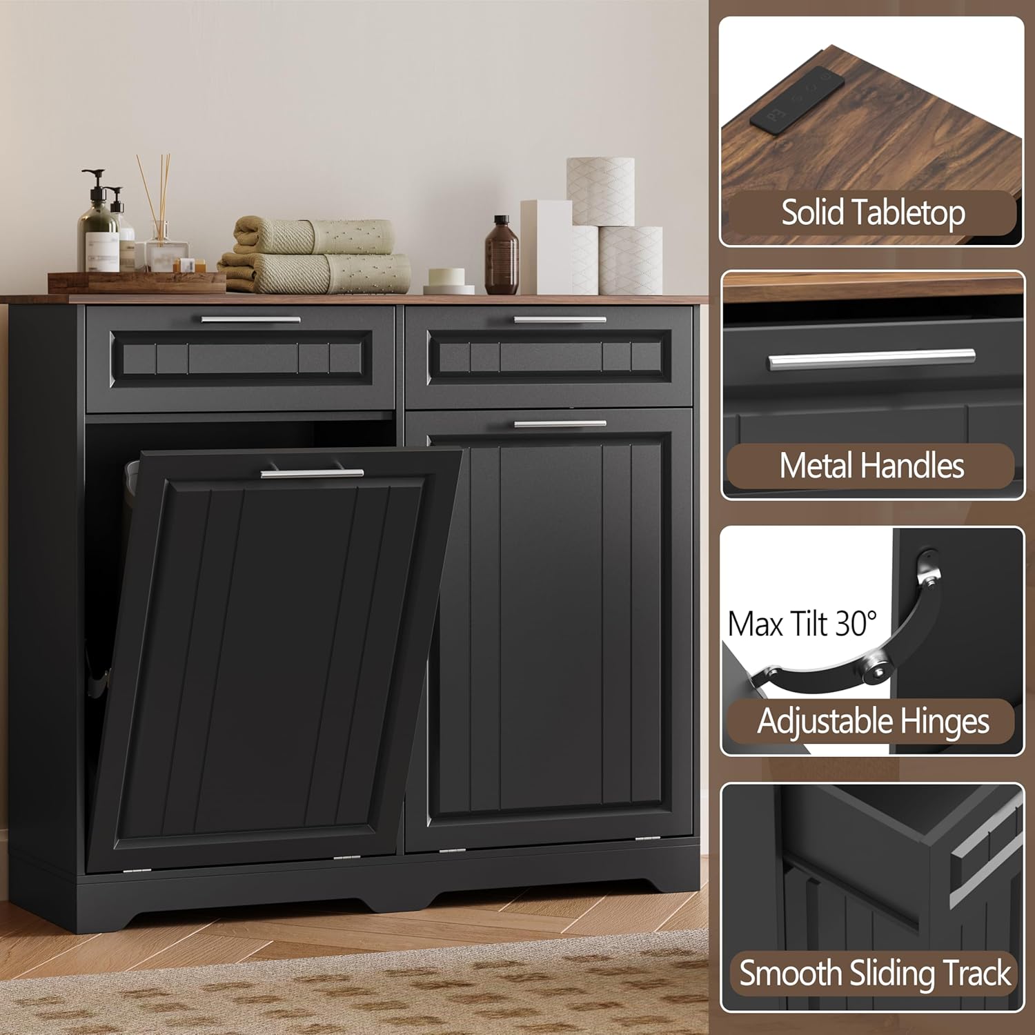 Double Tilt Out Trash Can Cabinet with Deodorizing Function & Charging Station, 2 x 10 Gallon Hidden Laundry Hamper Cabinet with Storage Drawers, Garbage Can Holder for Kitchen, Bathroom, Black