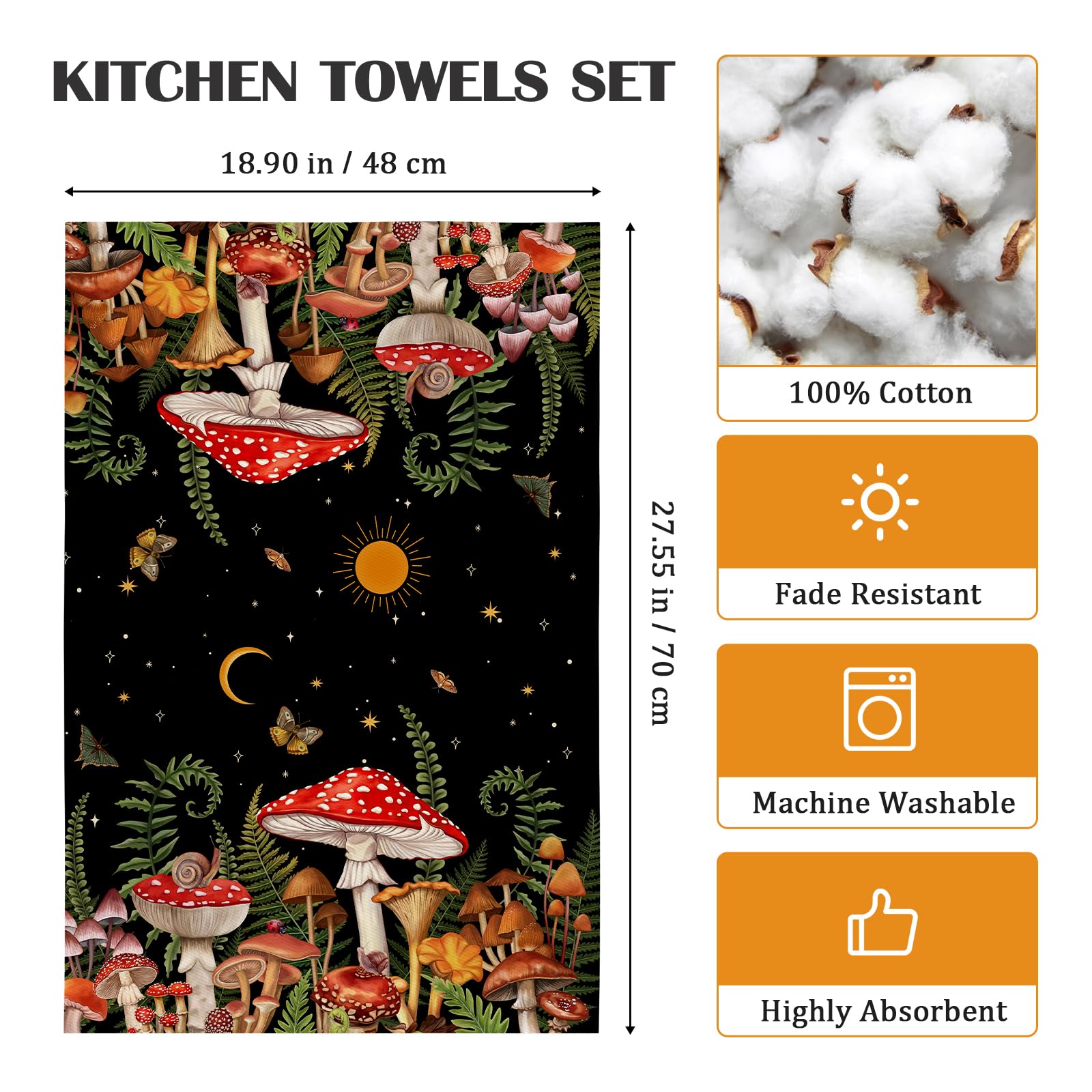 Arquiel 2Pcs Mushroom Kitchen Tea Towels 100% Cotton Forest Hand Towels Multiple Uses Quick Dry Dish Cloth for Table Kitchen Decor Housewarming Gifts - Image 4