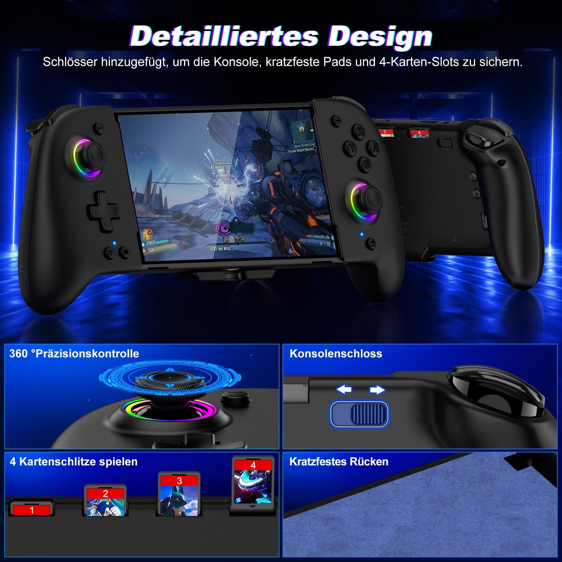 ALEEMTRY Controller per Switch, Modalità Portatile con Turbo/1000mAh/Programmabile/Giroscopio a 6 Assi, Maniglia Grande per Switch/OLED (Nero)