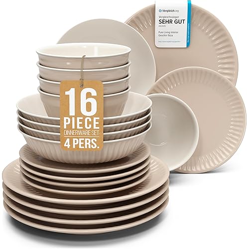 Stoneware Dinnerware Set for 4 People HYGGE 16-Piece - Elegant Scandi Design - Premium Dish Set - Bowl and Plate Set - Tableware for 4 People in a Ribbed Design - Pure Living in Light Brown