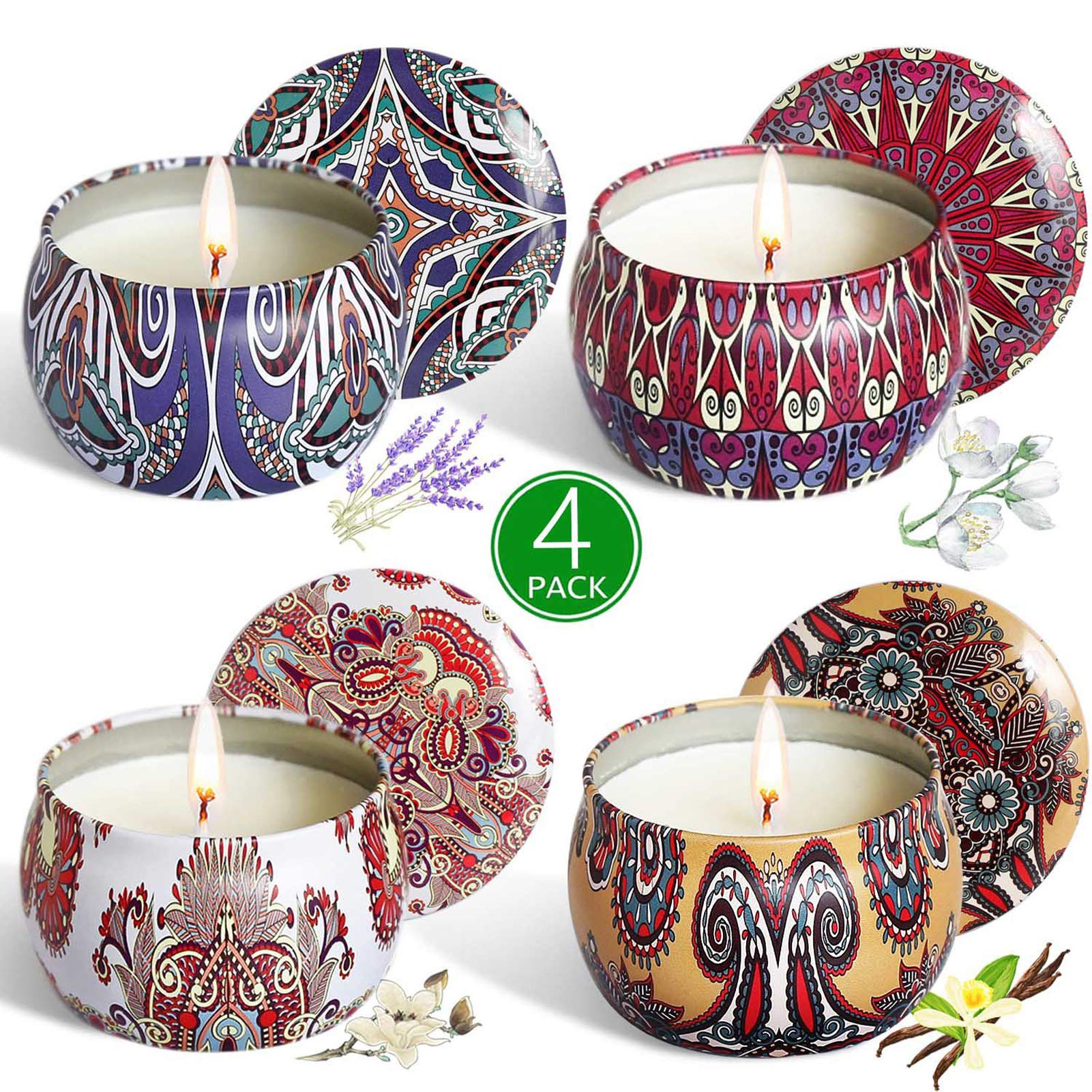 Set de velas con aroma 4 latas, cera de citonella de soja natural pura, 4.4oz Velas de hojalatas, regalos de cumpleaños del día de la madre
