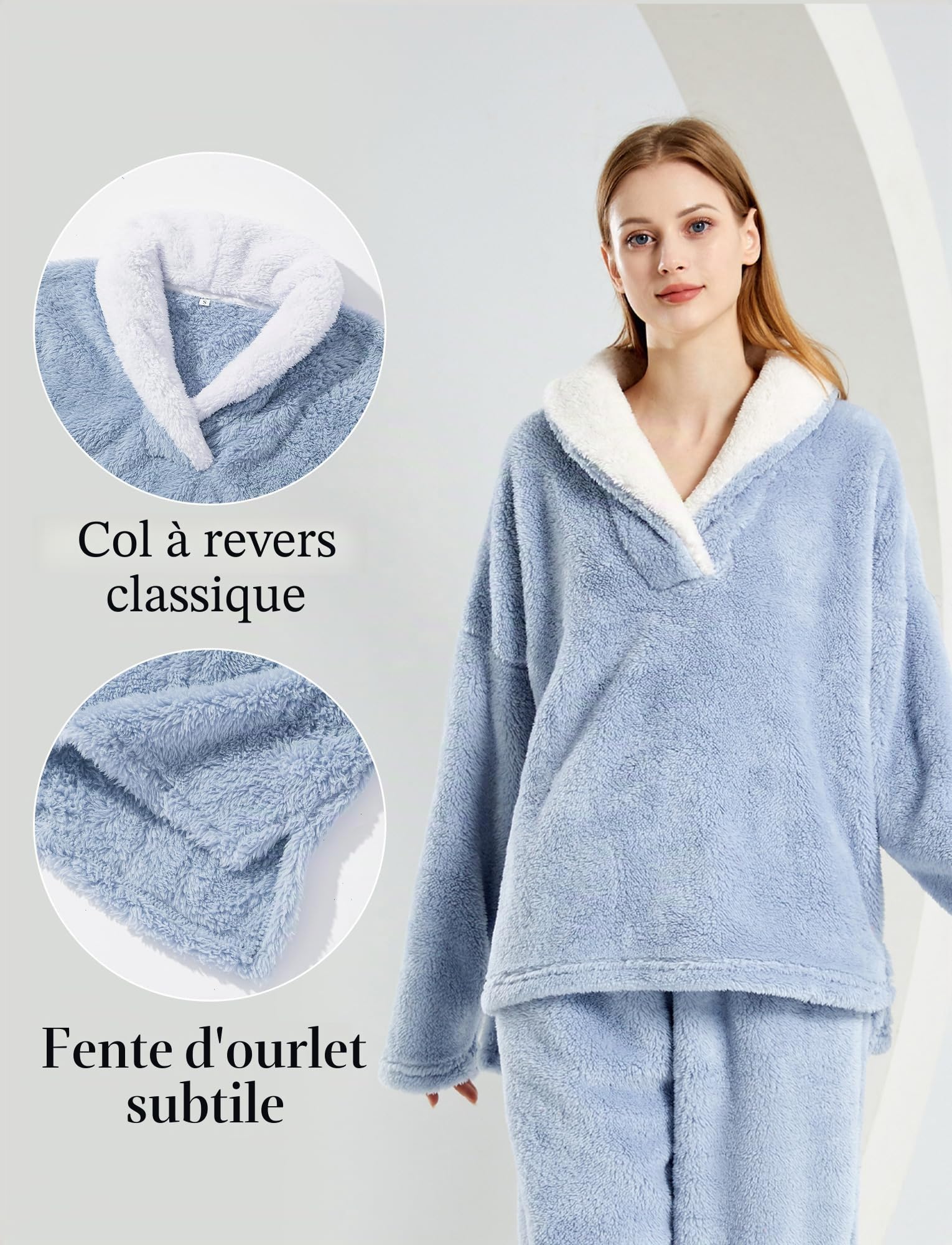 Pyjama Femme Hiver en Peluche Ensembles de Pyjamas Polaire Chaud 2 Pièces Filles Chemise de Nuit Vêtements de Maison EU XS-XL