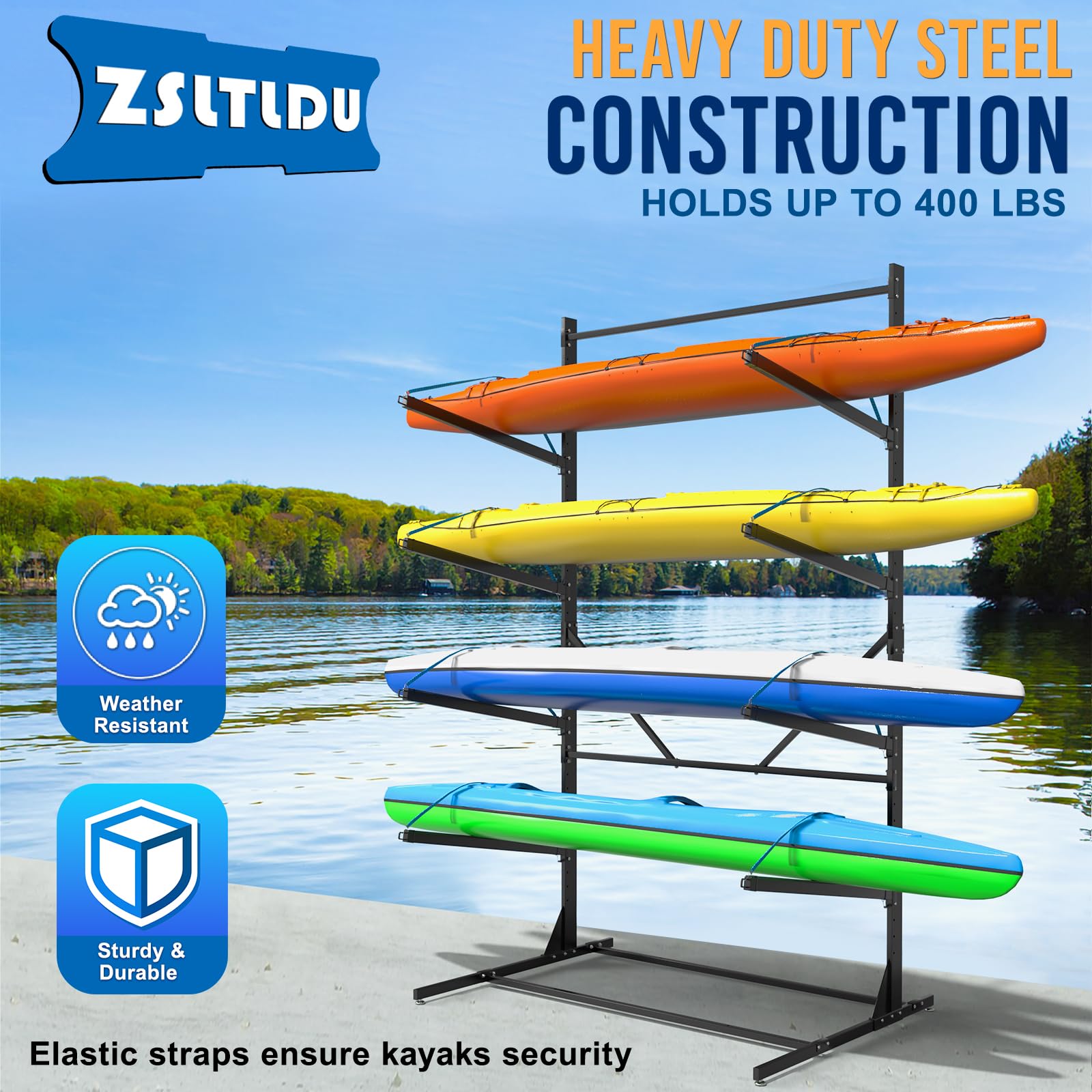 SPECRAFT Freestanding Kayak Storage Rack - Adjustable Width (59-76.8"), Holds 4 Kayaks, 280 Lb Capacity, Includes Elastic Ropes & Covers - View #7