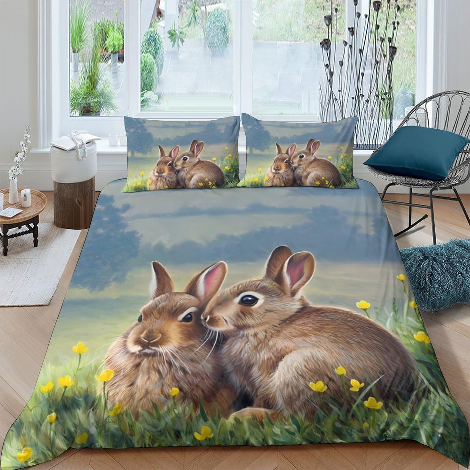 Ctjqhvkz Style-5 3D Printed Cute Bunny Fitted Sheet Microfiber Soft Animal Meadow Mattress Cover Bedroom Dorm Bed Protection Decor Single（135X200cm）