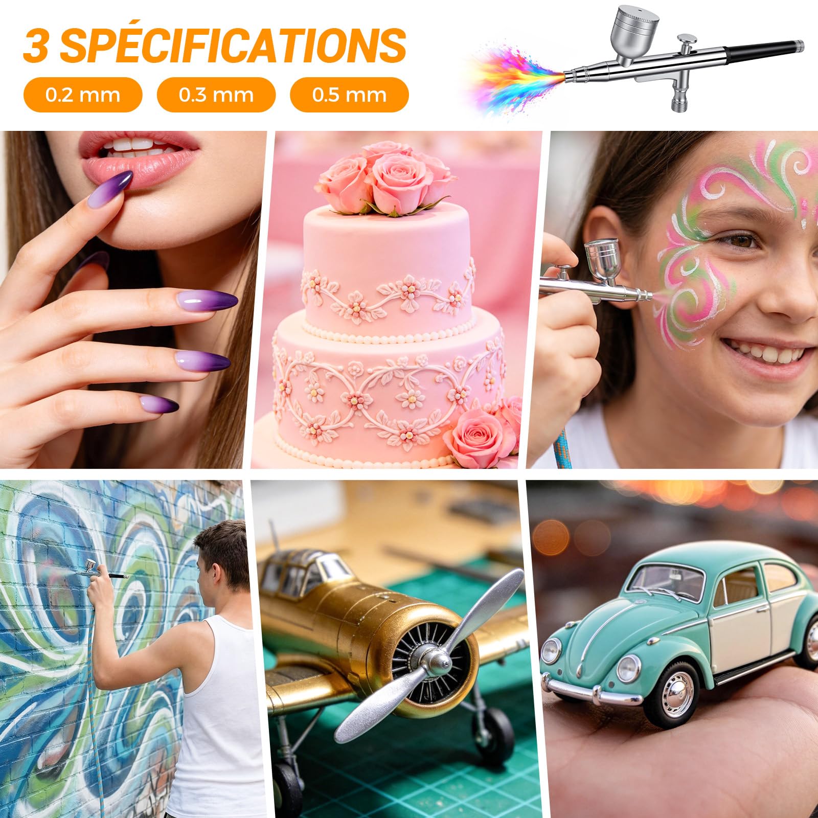 Kit Aérographe Compresseur 40 PSI Double Action avec 3 Tailles de Buses (0,2/0,3/0,5 mm), 3 Aiguilles, Capuchons de Buse, Kit de Nettoyage et Pipette pour Modélisme, Maquillage, Peinture de Voiture