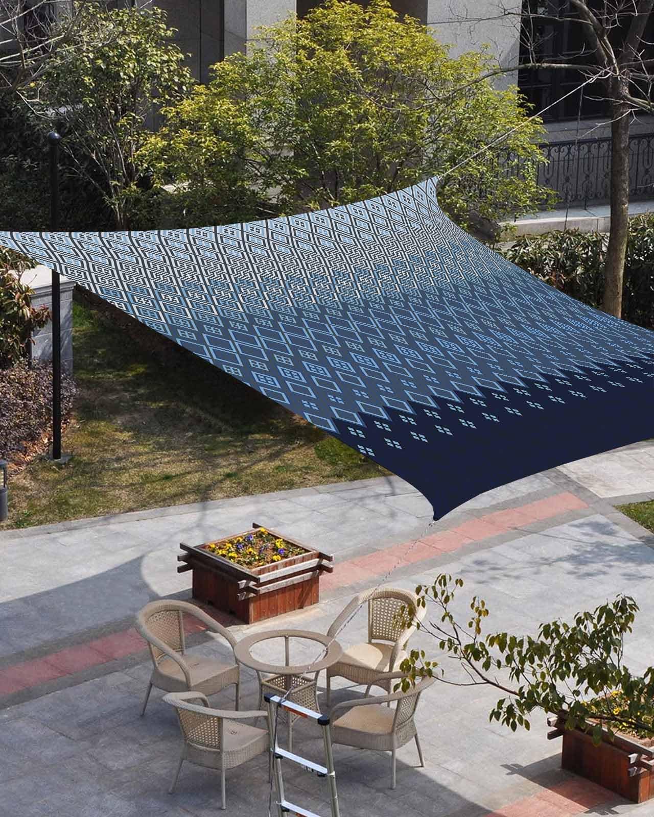 Waterproof Sun Shade Sail Navy Blue Gradient Diamond Plaid Outdoor Patio Sun Shades Canopy UV Block Water Resistant Sunshade for Garden Backyard Deck Pergola 12x16 Ft