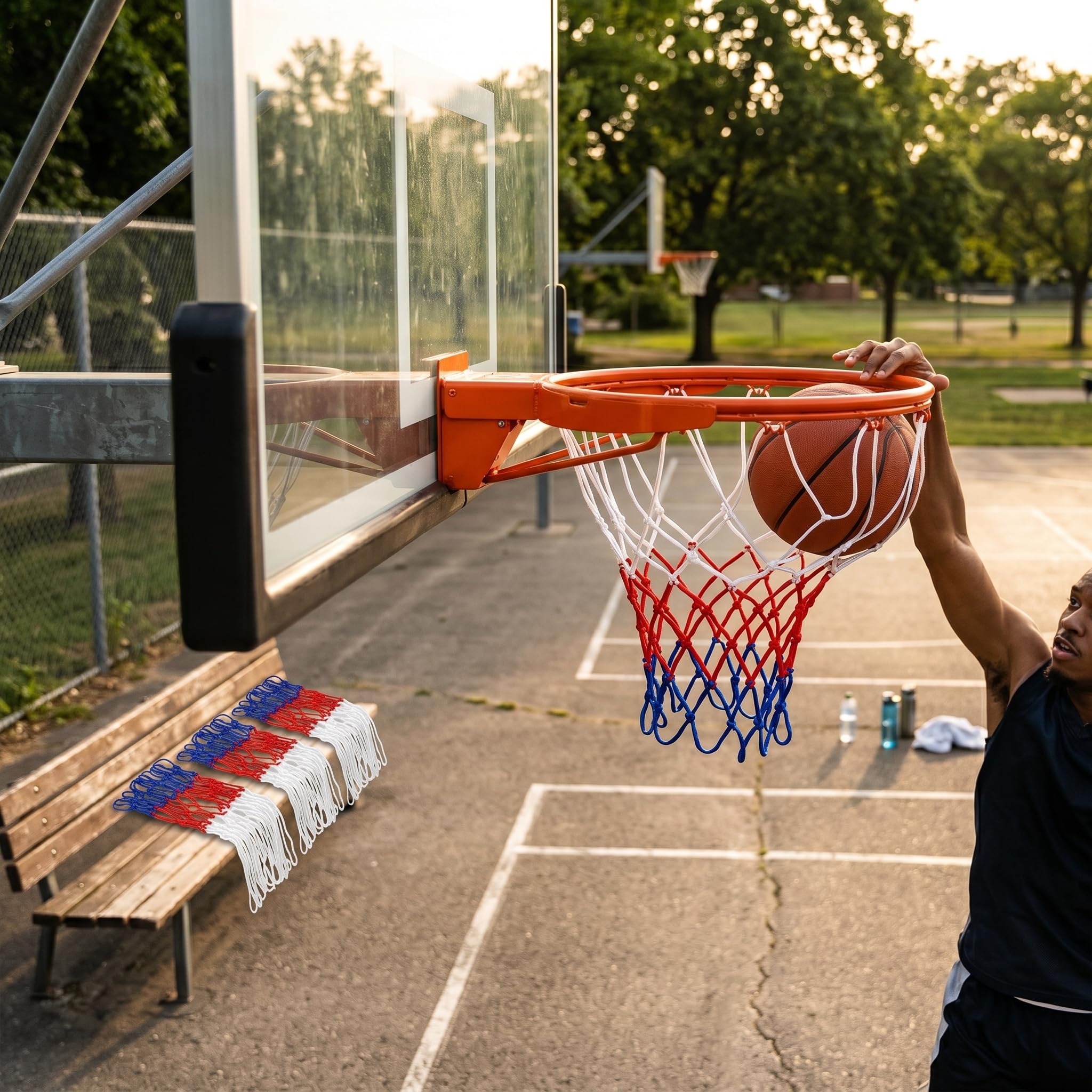 Rete Canestro Basket 4 Pezzi, Retina da Basket 52 cm con 12 Anelli, Ricambio per Canestro Standard in Blu Rosso Bianco, per Campo Interno Esterno, Scuola, Parco e Casa