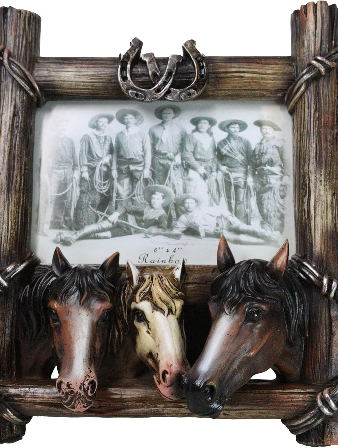 Ebros Gift Rustic Western Faux Barnwood Barbed Wire Borders Cowboy Equine Triple Horses with Lucky Horseshoes 6"X4" Picture Photo Frame Figurine Ranch Country Farmhouse Horse Themed Accent