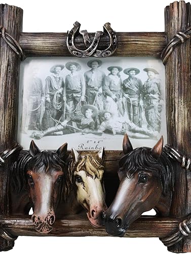 Miniatura 3 de Ebros Gift Marco de fotos rústico de madera de granero sintético occidental, bordes de alambre de púas de vaquero, equino, caballos triples con