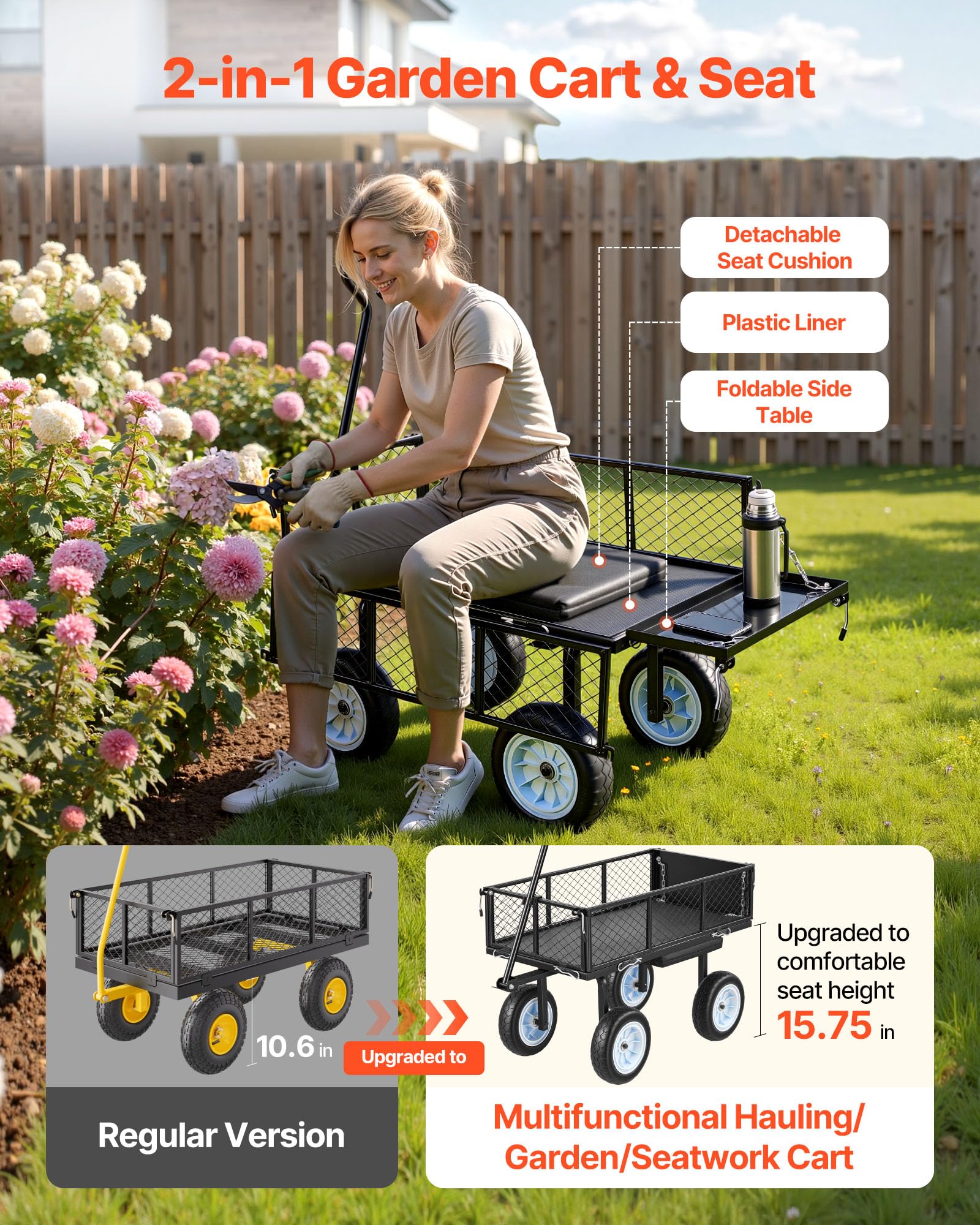 VEVOR Bollerwagen 226,8 kg Tragkraft, Gartenwagen mit Sitz & PU-Rädern, Transportwagen mit Werkzeugablage & Verstellbarem Griff, Gerätewagen für Rasen, Terrasse & Garten, Schwarz