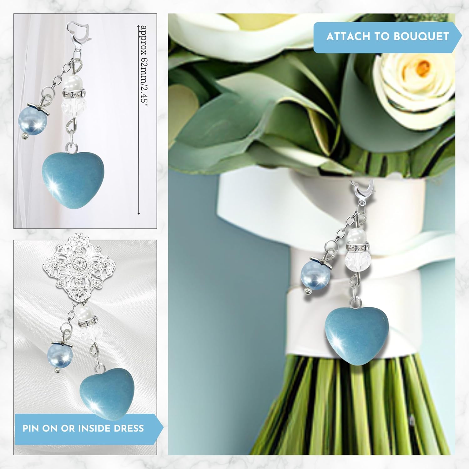 Gutsy Goodness Something Blue Aventurine Quartz Heart Bride Gift For Wedding Day, Semi-Precious Stone Handmade Bouquet Charm | Bonus Jewelry Travel Pouch Set Message Card, Bridal Shower Daughter - Image 3