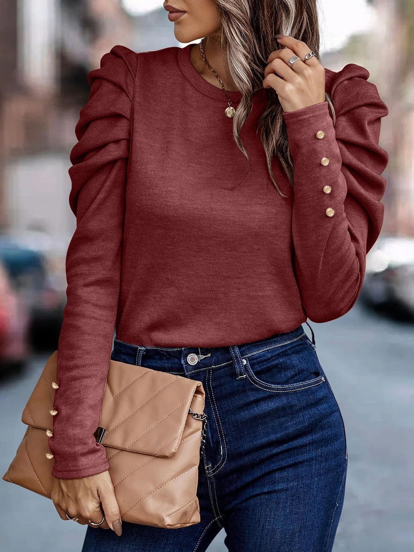 T-Shirt Casual da Donna Girocollo con Maniche a Sbuffo increspate e vestibilità Ampia