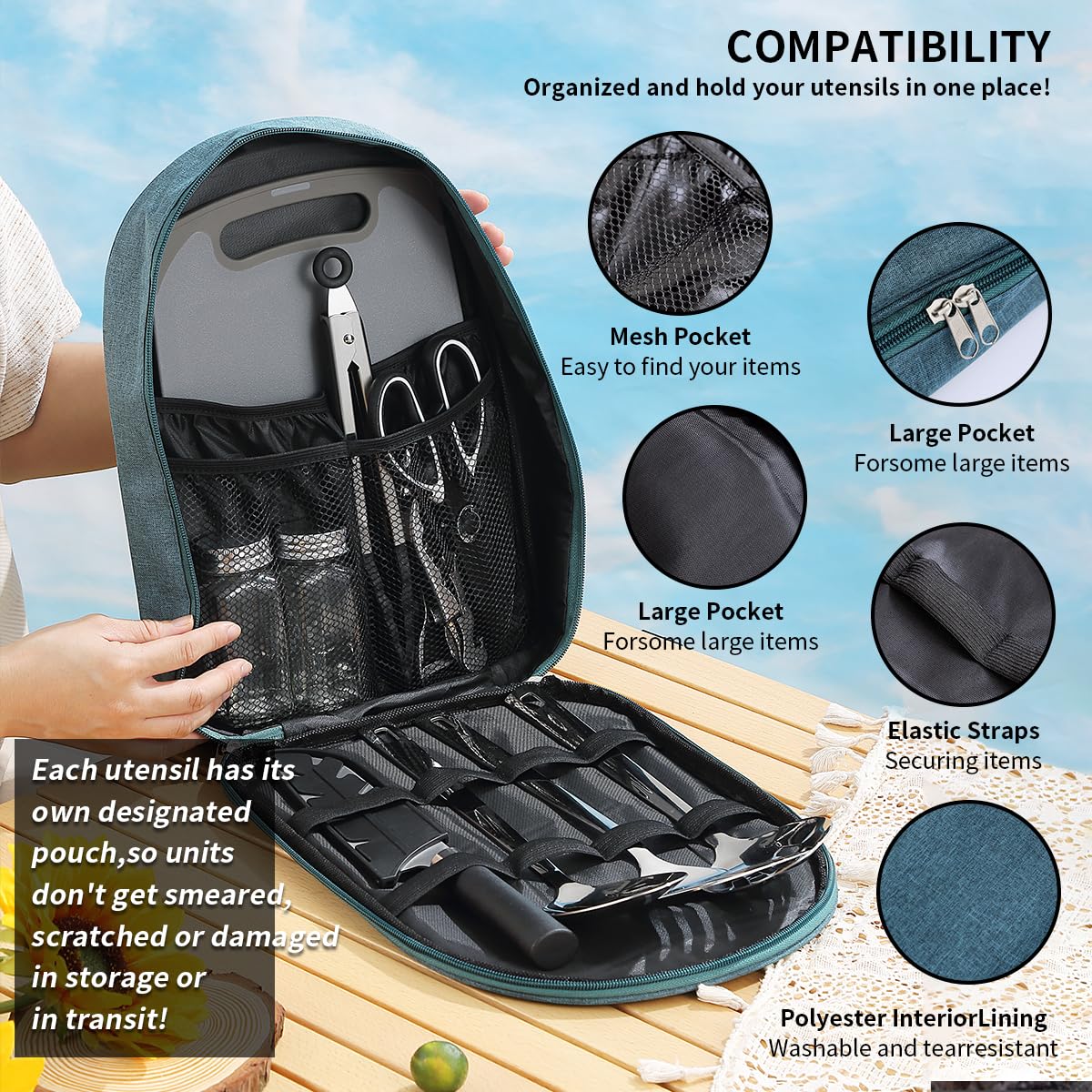 Evanda Essentiels de Camping 10 pièces en Acier Inoxydable, pour la Cuisine extérieure et Les grillades, Parfait pour Le Voyage, Le Camping, Les véhicules récréatifs, Les barbecues