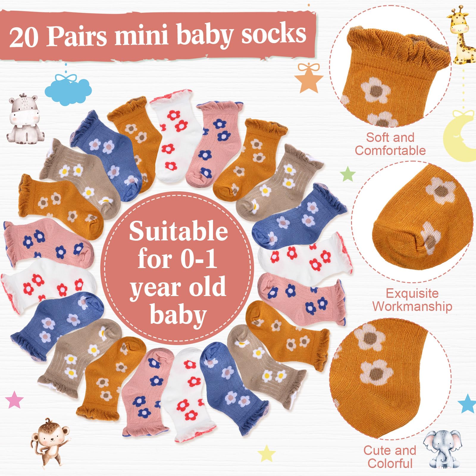 Hoteam 21 juegos de baby shower que incluyen letrero de caza de calcetines de bebé y 20 pares de calcetines pequeños de algodón de madera con soporte para niños y niñas, regalos de fiesta de