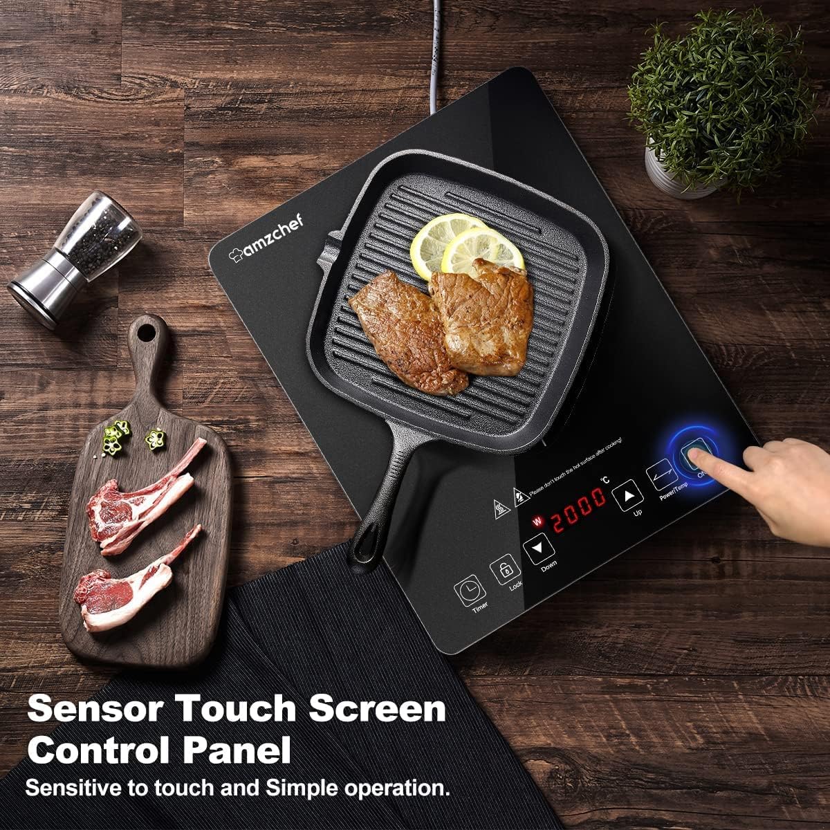 Piastra a Induzione Singolo AMZCHEF, da 2000 W con design sottile, 20 livelli di potenza, temperatura, controllo sensore tattile, timer, nero