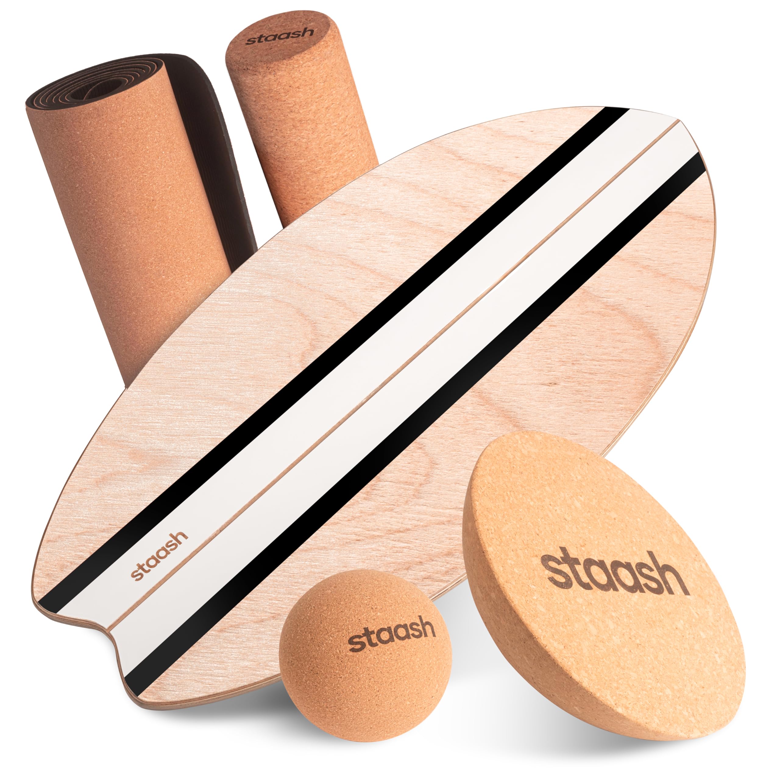 STAASH® Balance Board Trainer for Surf & Fitness – Wooden Core Strength Wobble Board | Complete Kit with Roller & 360° Cushion + FREE Online Training Access (Black)