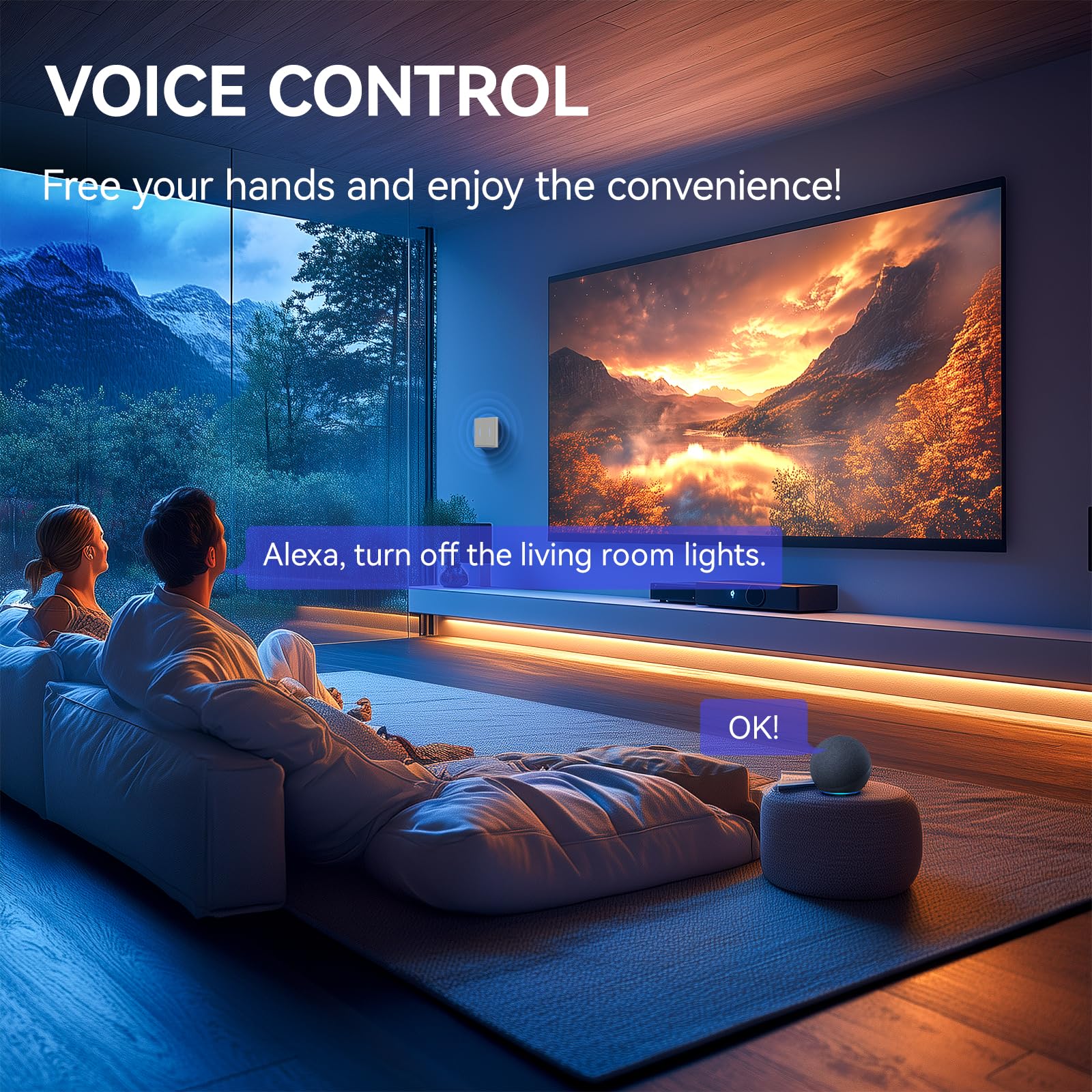 BSEED Smart Light Switch,WiFi Mate Wall Switch with Led Indicator,Remote Control,Voice Control,Timer Function,2 Gang 1 Way,White 86mm - Image 4