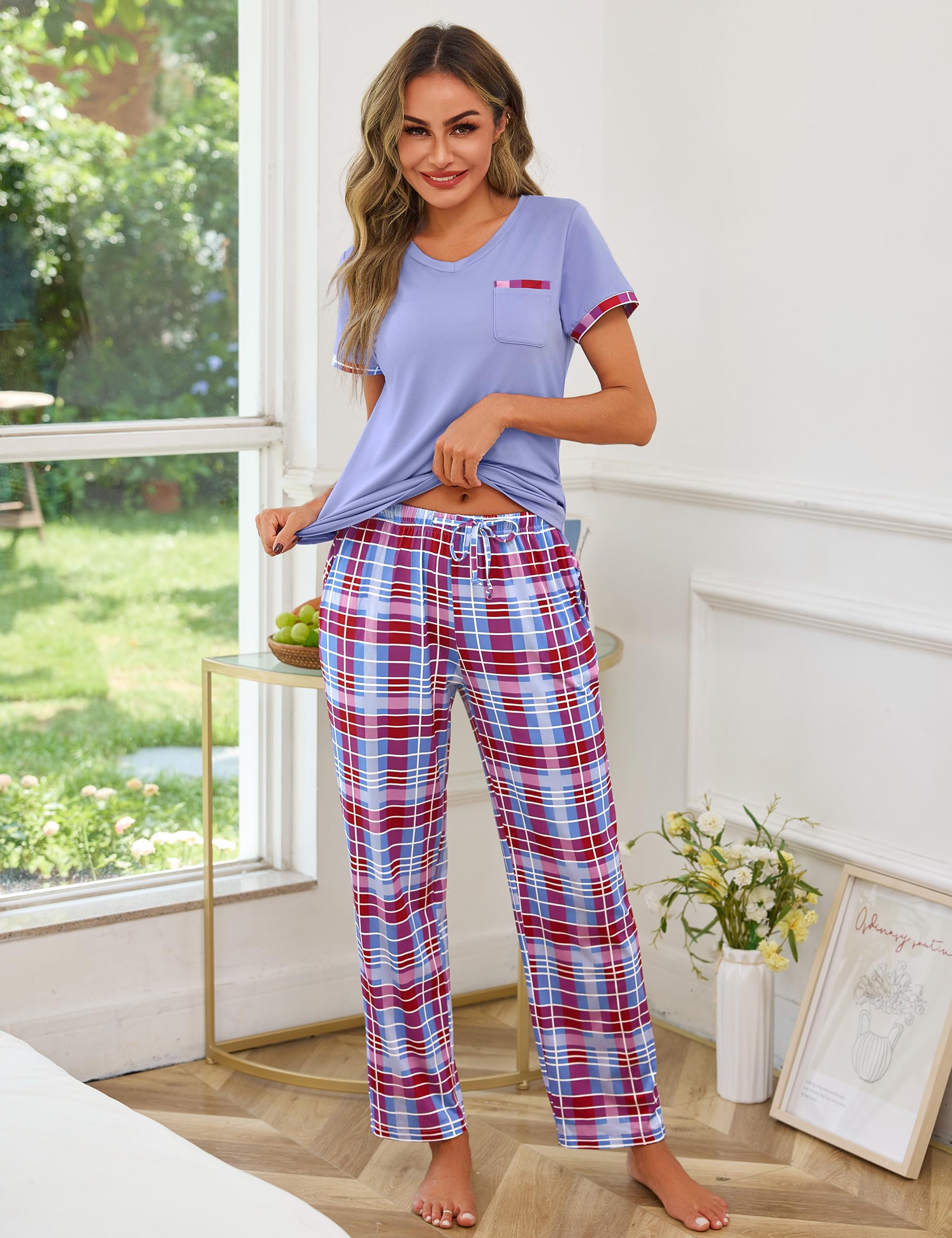 Ensemble de Pyjama Femme Coton Manche Courte Haut Uni avec Poche et Bas à Carreaux Ceinture Ajustable Vêtements de Nuit Confortables