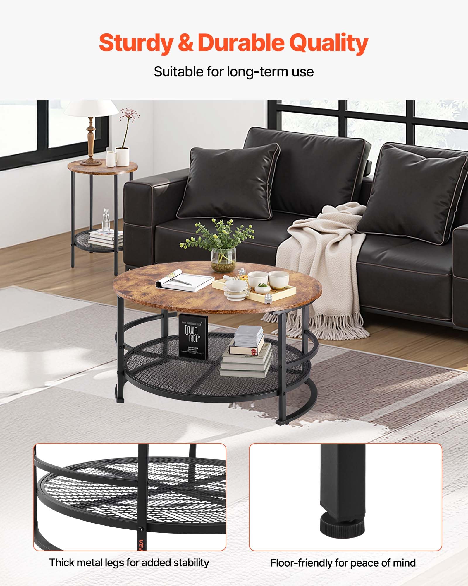 VEVOR Lot de 3 Tables de Salon Rondes, Table Basse Industrielle de 80 x 80 x 46,5 cm avec 2 Bouts de Canapé de 40 x 40 x 60 cm, avec Pieds en Métal, Mobilier pour Bureau, Salon et Appartement