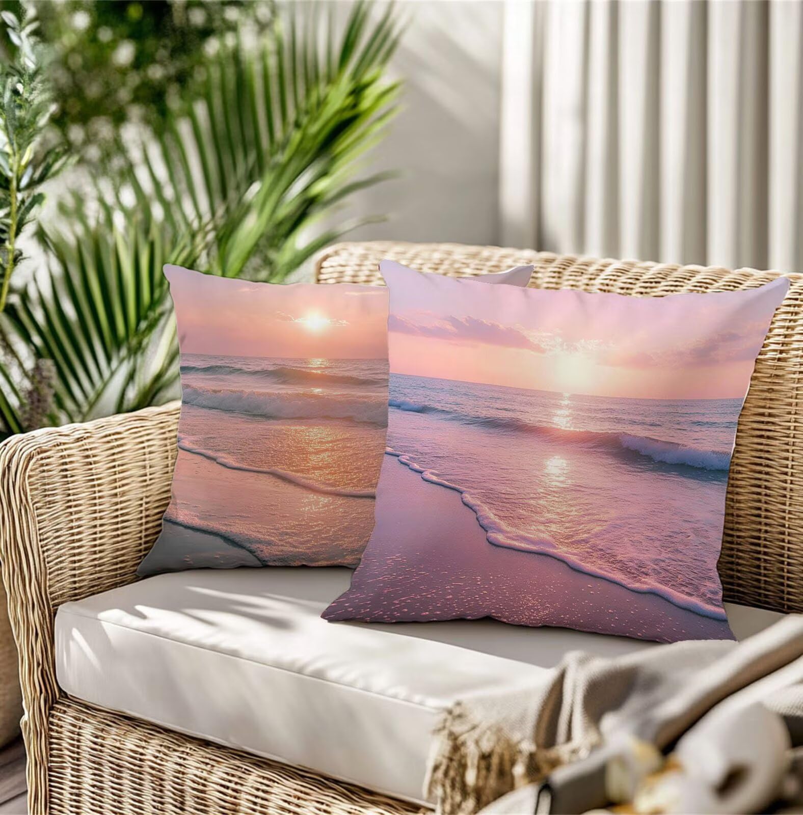 Spiaggia Federe Cuscini Divano 70x70cm Tramonto Cuscini per Divano, Federe Copri Cuscino Divanos, Set di 2 Moderni Resistente Biancheria Copricuscini per Cucina Sedia Soggiorno Letto Giardino TG-842