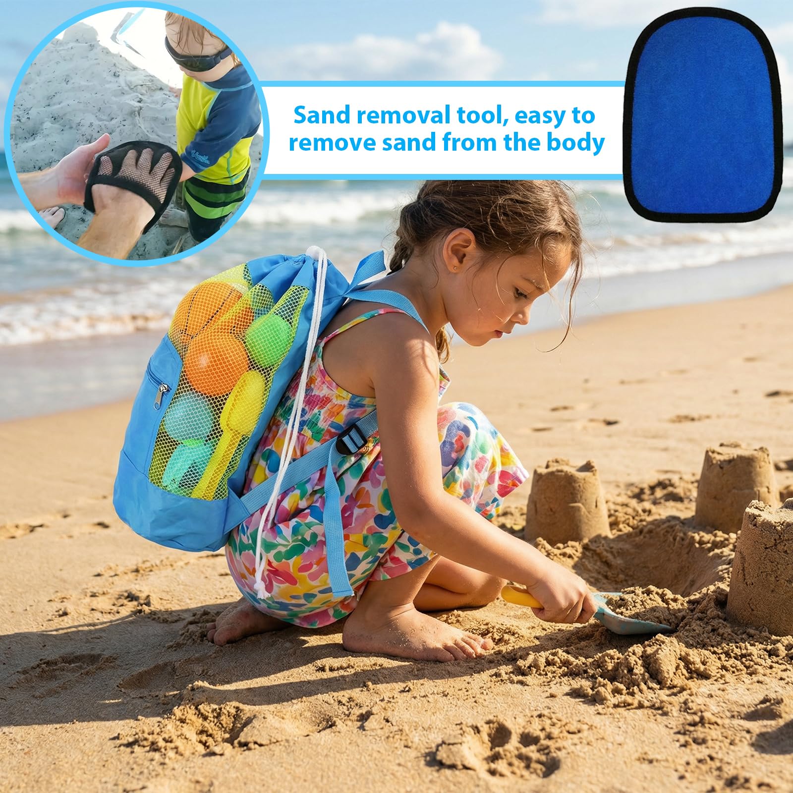 Bolsa de Juguetes Playa de Malla 48 * 24cm Bolsa Plegable de Malla de Playa Azul Incluye 1 Guante Bolsas de Juguetes Plegable Portátil Reutilizable para Niños Guardar Concha