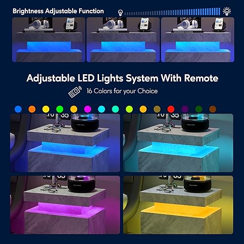 Miniatura 5 de Juego de 2 mesas auxiliares LED modernas con mesas auxiliares de almacenamiento para dormitorio con 2 cajones para dormitorio, sala de estar, azul