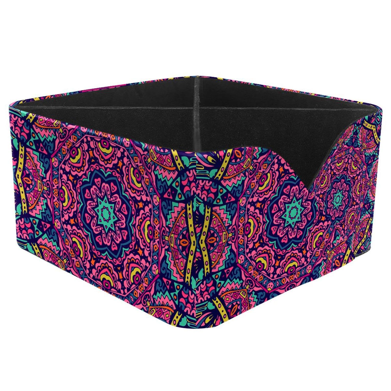KengjuTesu Tribal Indian Colorful Mandala Pattern Desktop Organizer Pen Holder, Rectangular Pencil Cup for Office, Study and Makeup Stations