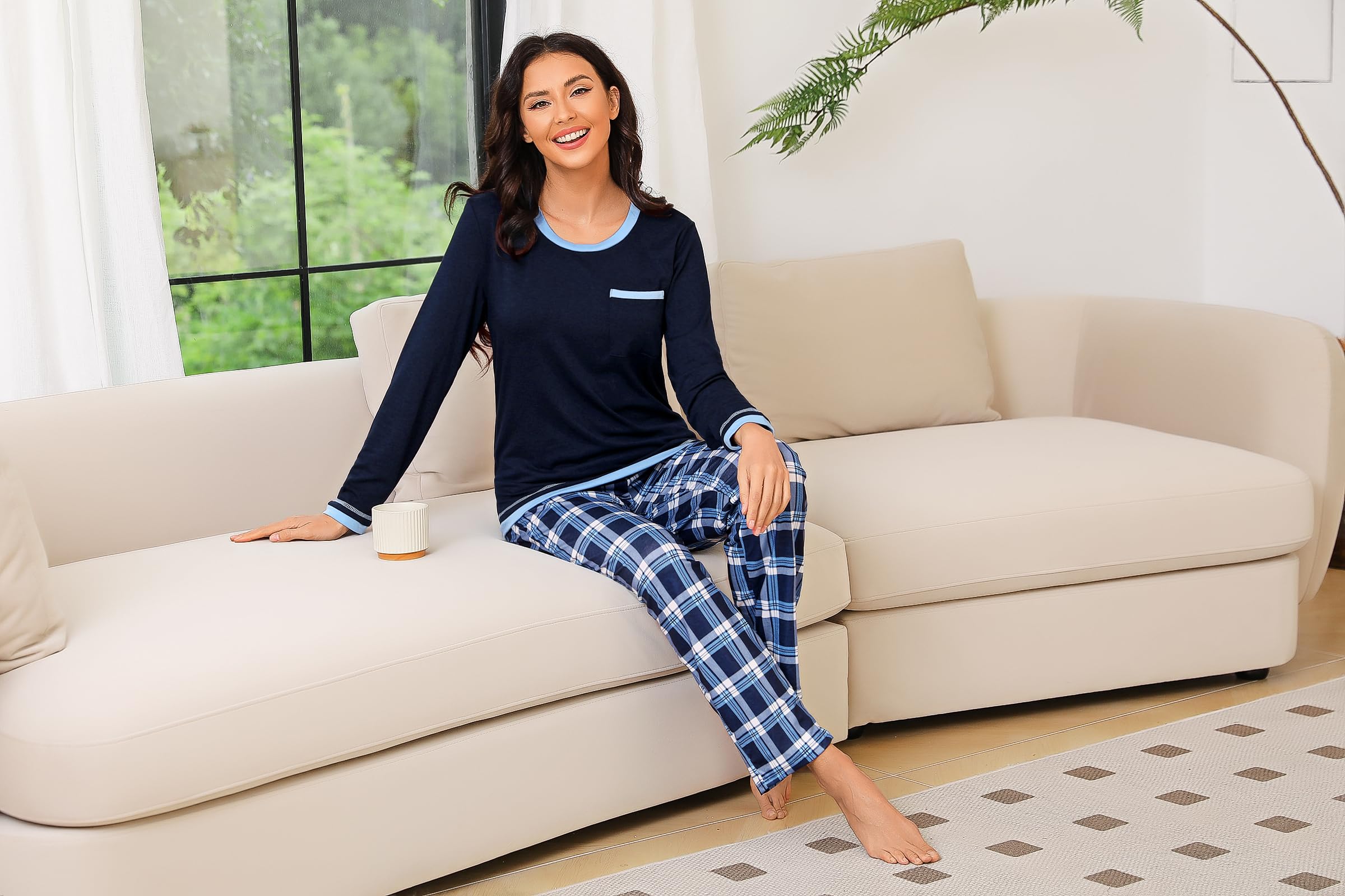 Marvmys Pigiama da Donna in Cotone Manica Lunga Pigiama Due Pezzi Invernale T-Shirt e Pantaloni con Tasche