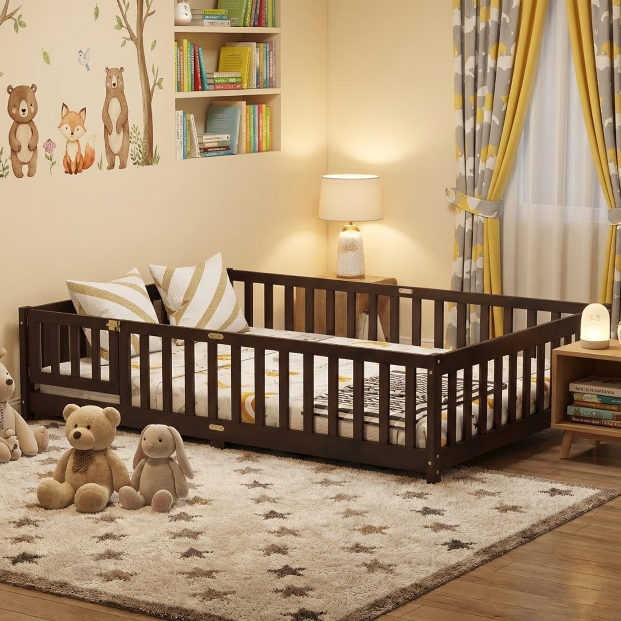full size floor bed with slats and door,montessori floor bed frame with high rails,full wood kids beds with fence,no box spring needed,espresso
