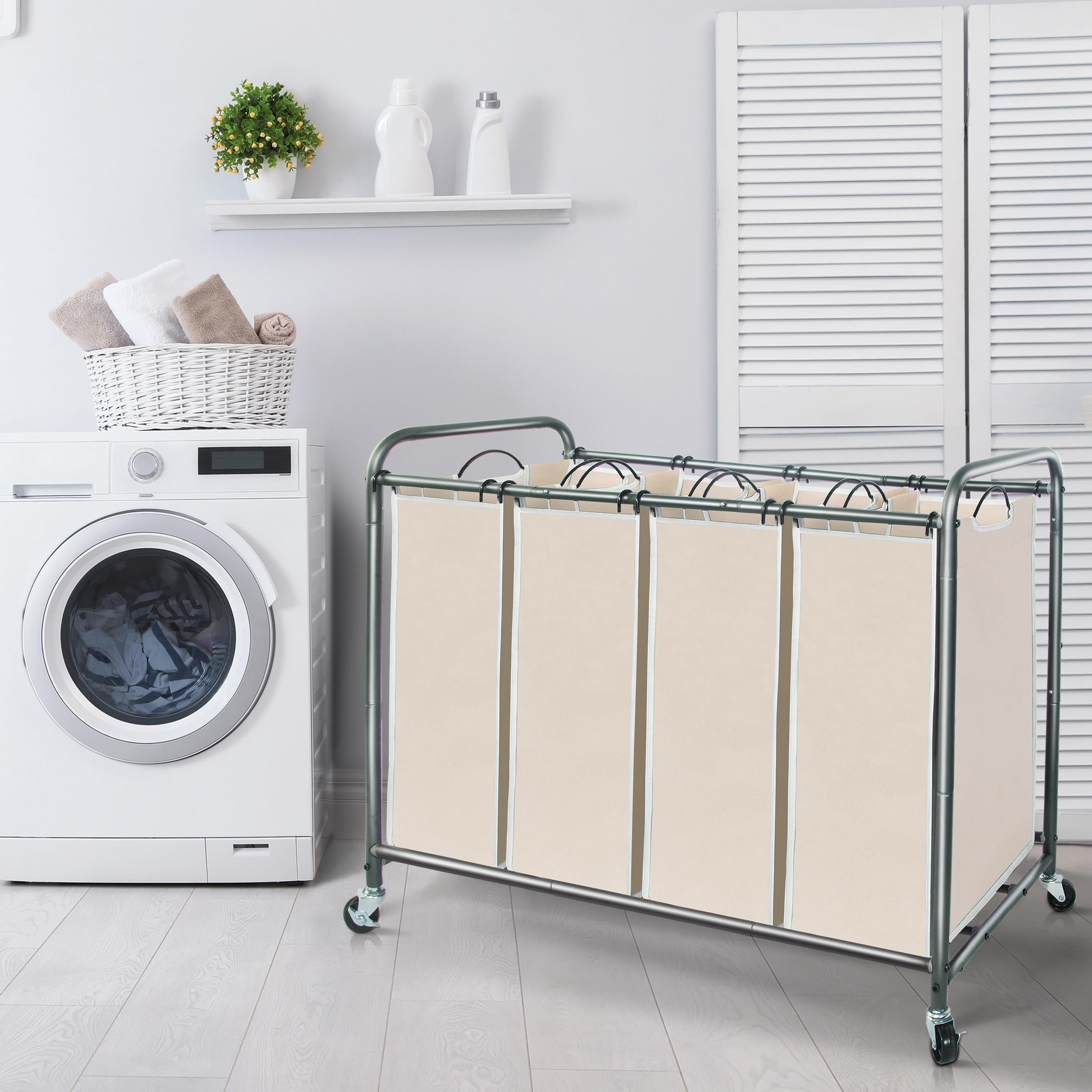 STORAGE MANIAC Wäschesortierer mit 4 Abschnitten und herausnehmbaren Beuteln, Beige, umweltfreundlich, tragbar, wasserdicht