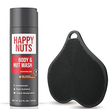 HAPPY NUTS Big Wood Body Wash 8.5oz & Exfoliating Scrubber Bundle - Mens Shower Grooming Duo for Clean, Fresh, Head-to-Toe Results