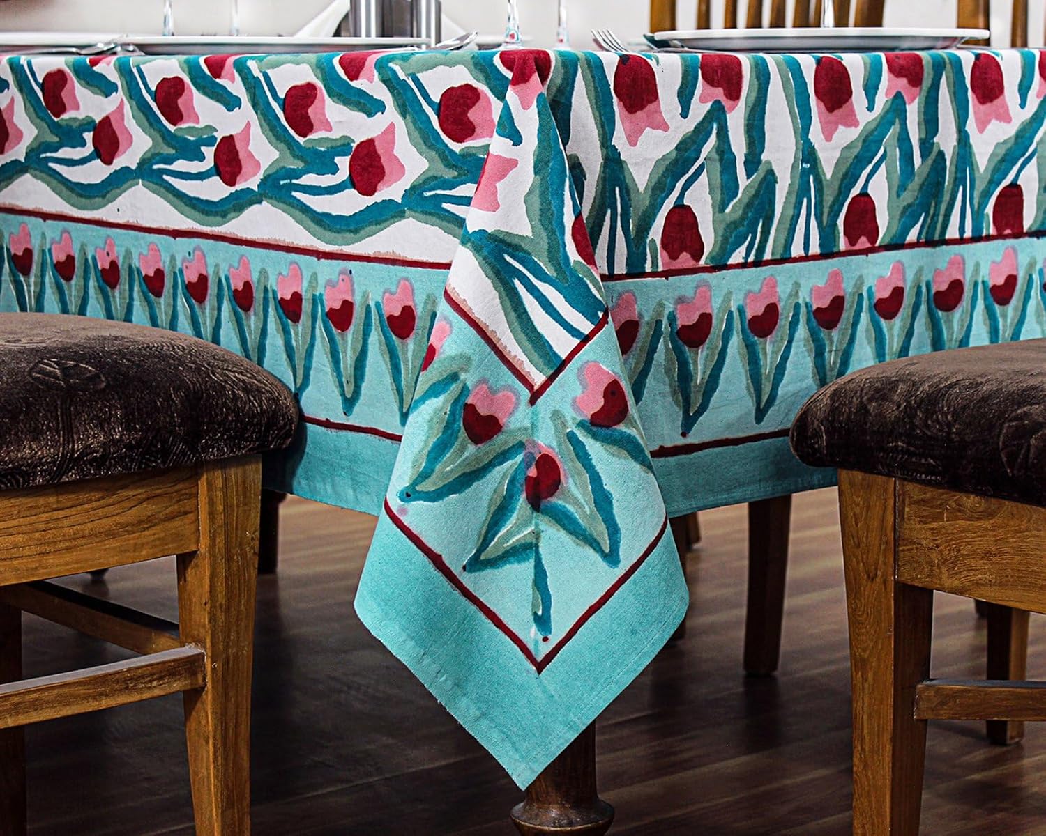 60x60 Inches Square Hand Block Printed Cotton Tablecloth, Red Green Floral Table Cloths Washable, Indian Table Linen for Valentine Thanksgiving Gifts Home Decor Dinning Outdoor