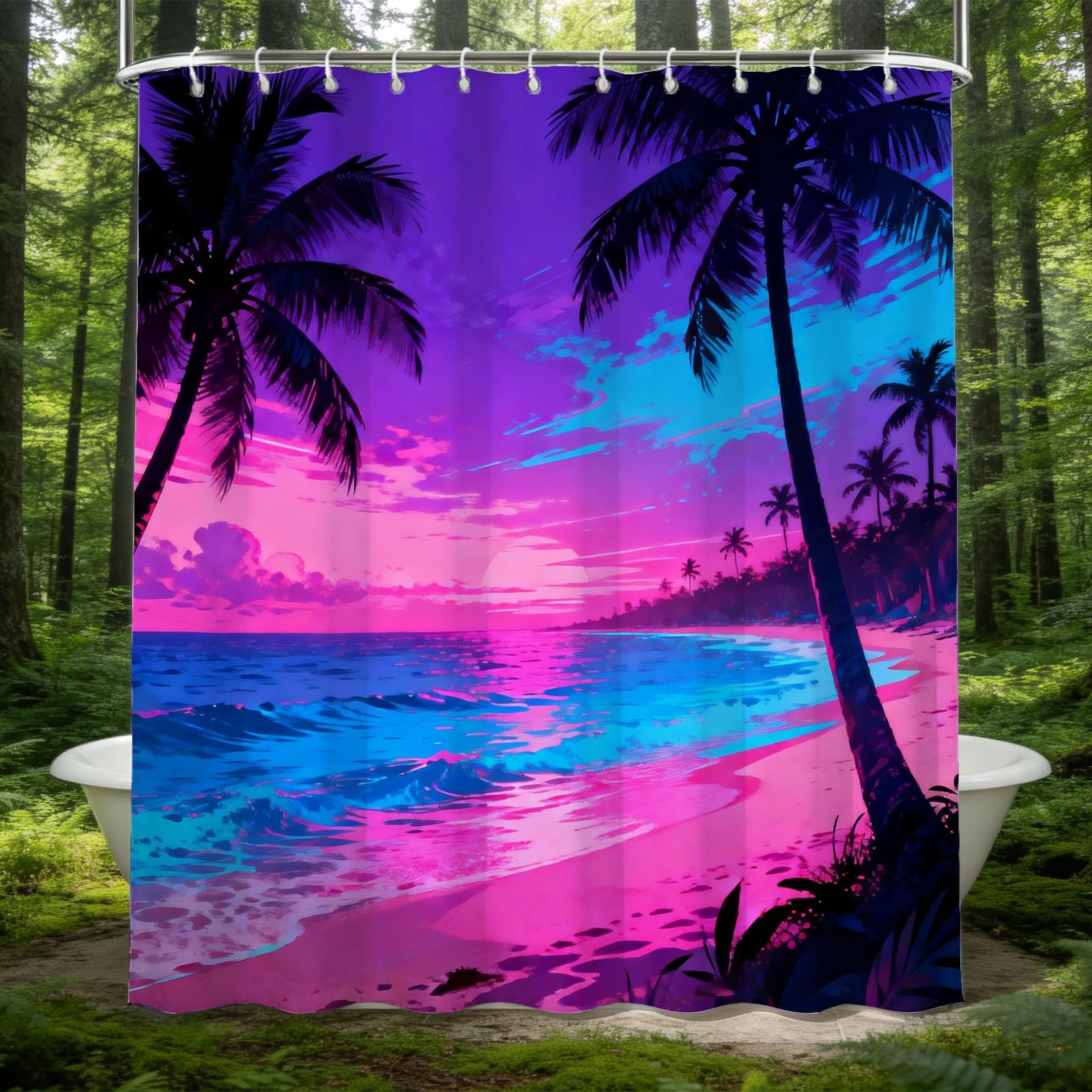Hongduo White 3D Neon Beach Shower Curtain For Stalls Bathtubs Neon Bathroom Decor Shower Curtain Set Polyester Fabric Waterproof 180X180cm/71X71 Inch With Hooks