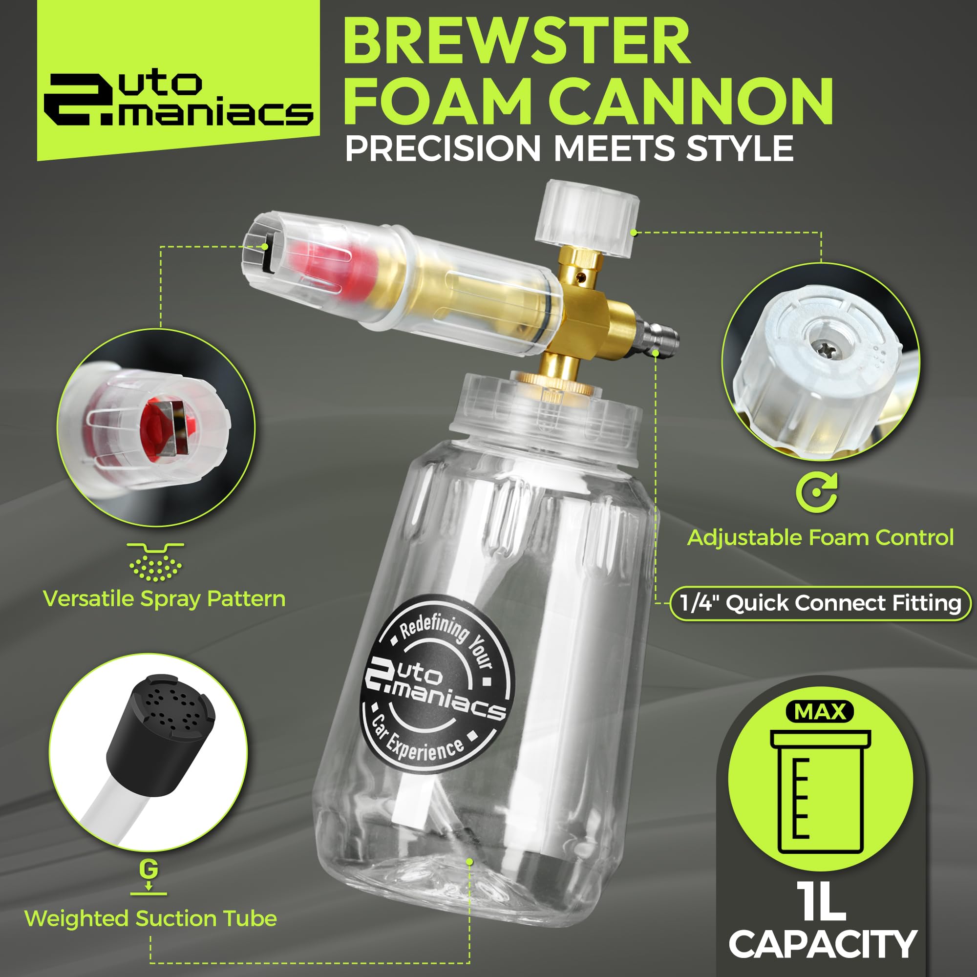 AutoManiacs Foam Cannon for Pressure Washer Not Garden Hose Adjustable Car Wash Sprayer with 1 4 Inch Quick — view 3