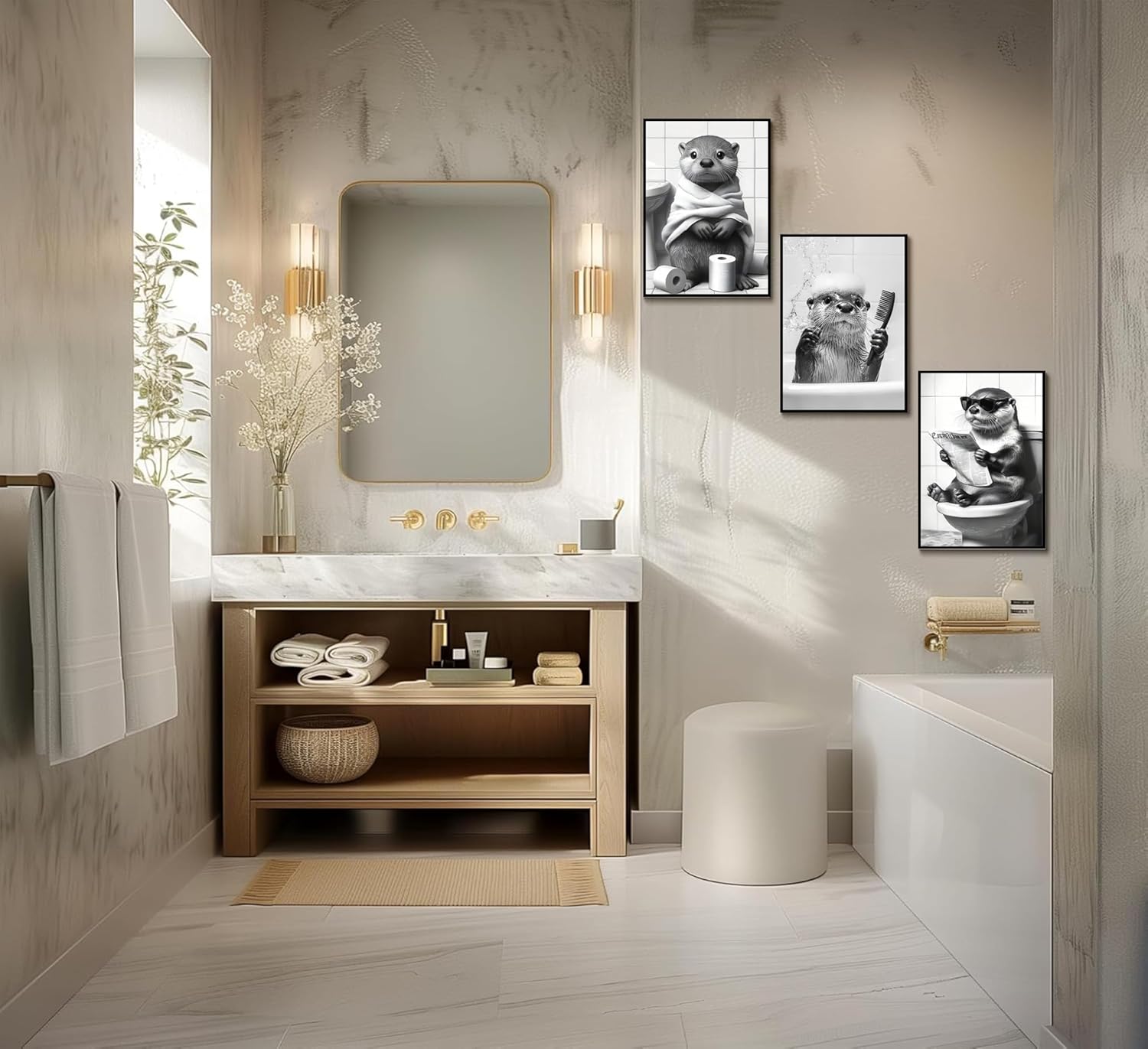 3Pcs Cute Otter Canvas Wall Art Black And White Animal Poster Print Funny otter bathing and reading newspaper Picture Painting Wall Decor for Bathroom Restroom Home Decoration Unframed - Image 8