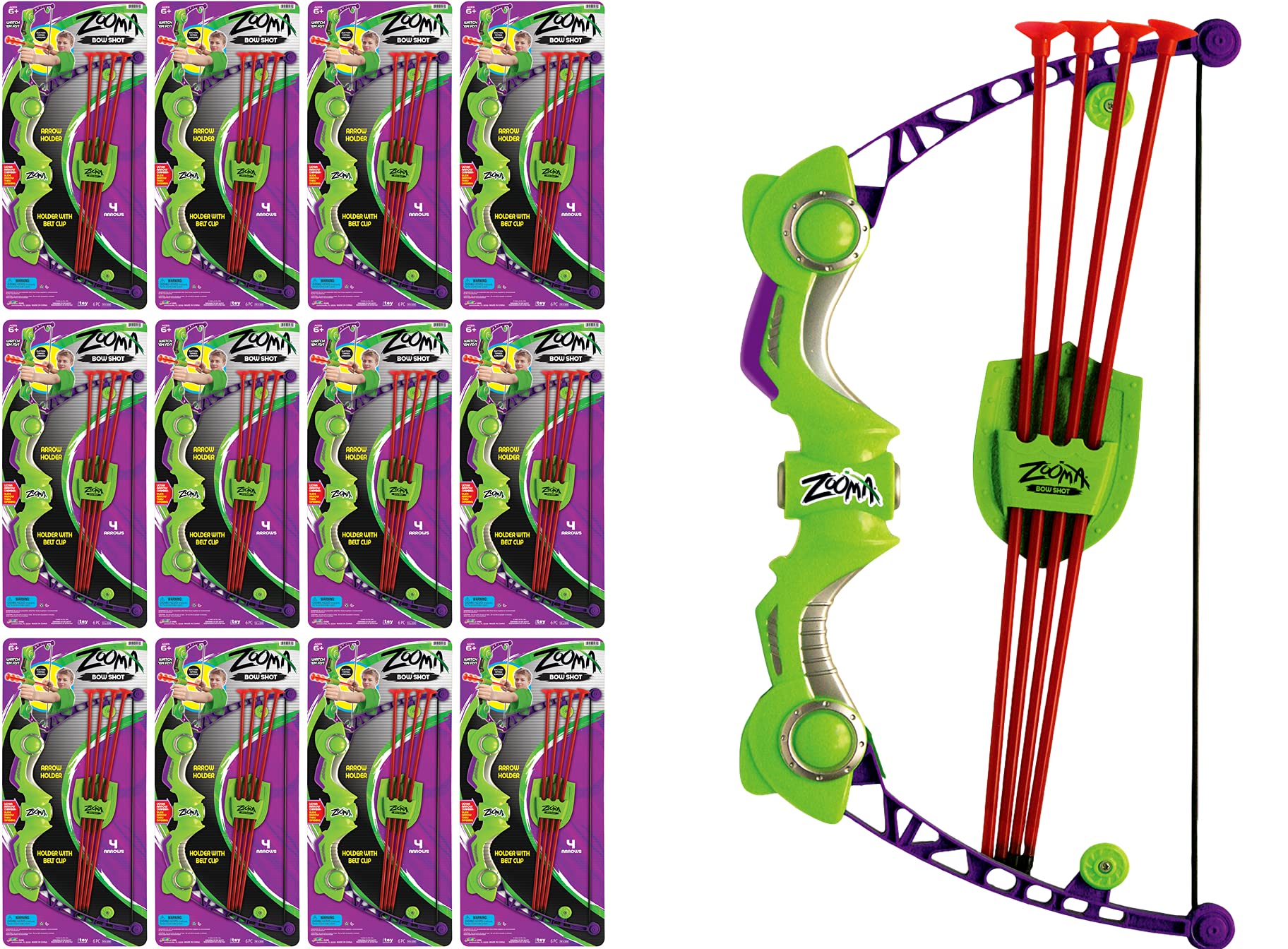 JA-RU Zooma Bow & Arrow Archery Set (12 Set) Archery Toys for Kids, Boys & Girls. Green Color Bow, Belt Quiver & Suction Cup Arrows. Outdoor Sports Games & Activities. Fake Hunting Bow. 5489-12s